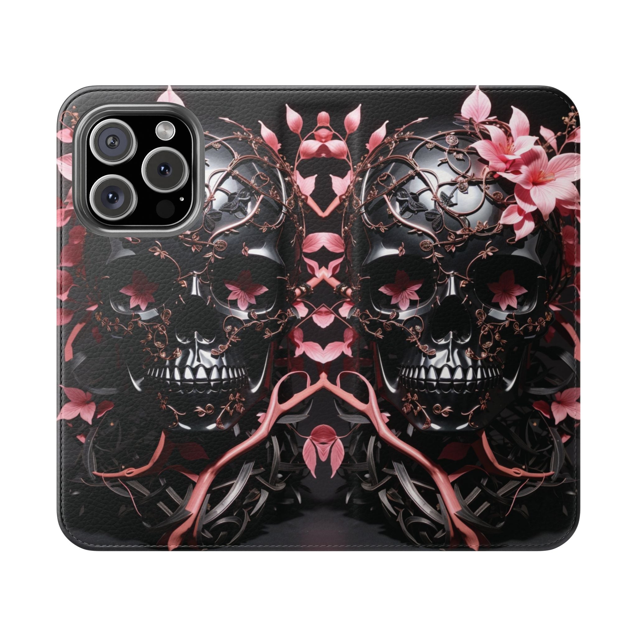 Pink Pastel Goth Skull Flip Wallet Phone Case - Skull Wallet Case for Samsung iPhone - Gothic Style Skull Wallet Phone Cases