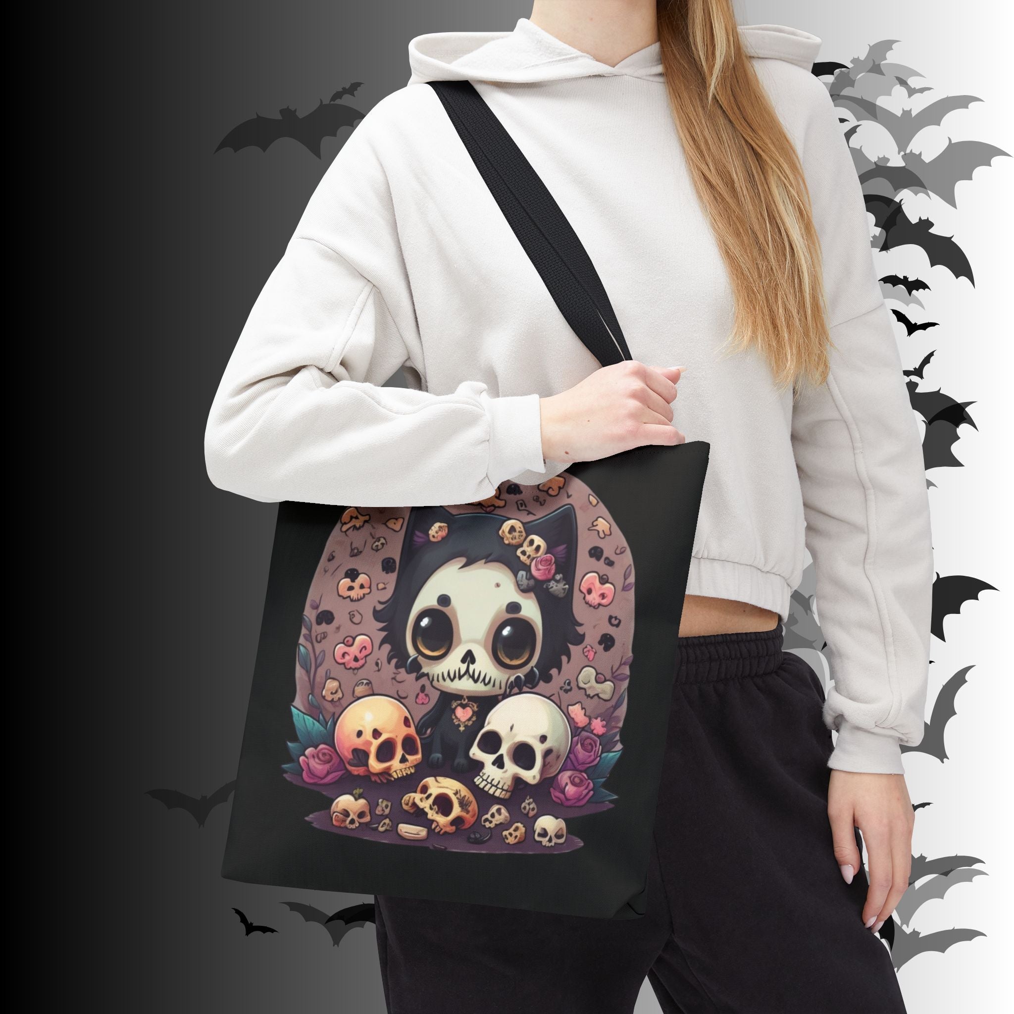 Kawaii Skull Cat Tote Bag — Gothic Cute Skull Illustration