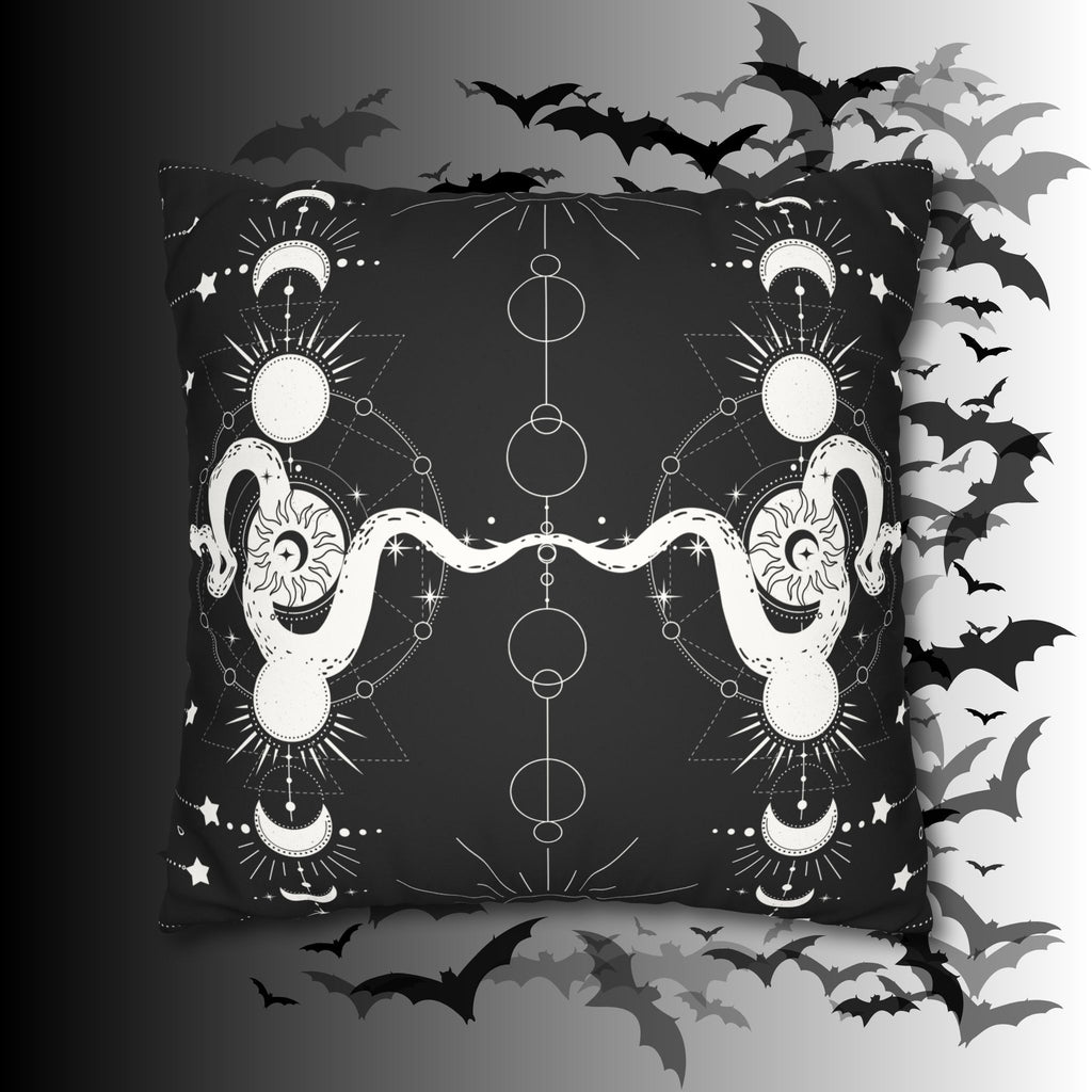 Celestial Snake Moon Phases Throw Pillow — Witchy Gothic Dark Home Decor