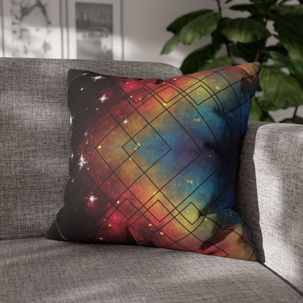 Rainbow Galaxy Geometric Throw Pillow — Celestial Cosmic Dark Home Decor