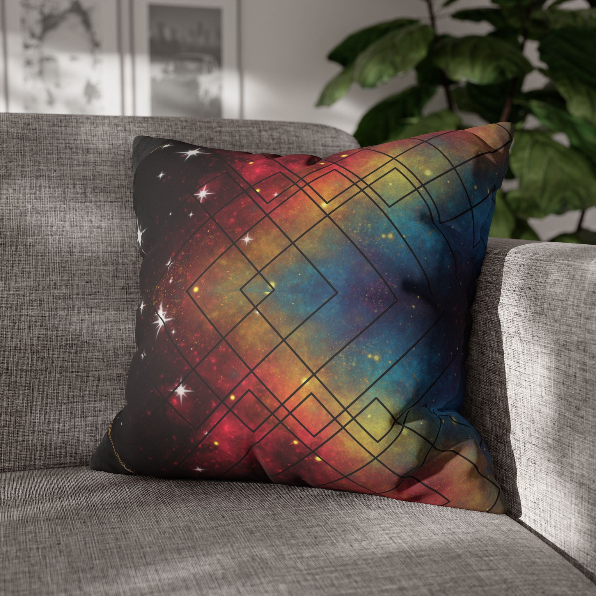Rainbow Galaxy Geometric Throw Pillow — Celestial Cosmic Dark Home Decor