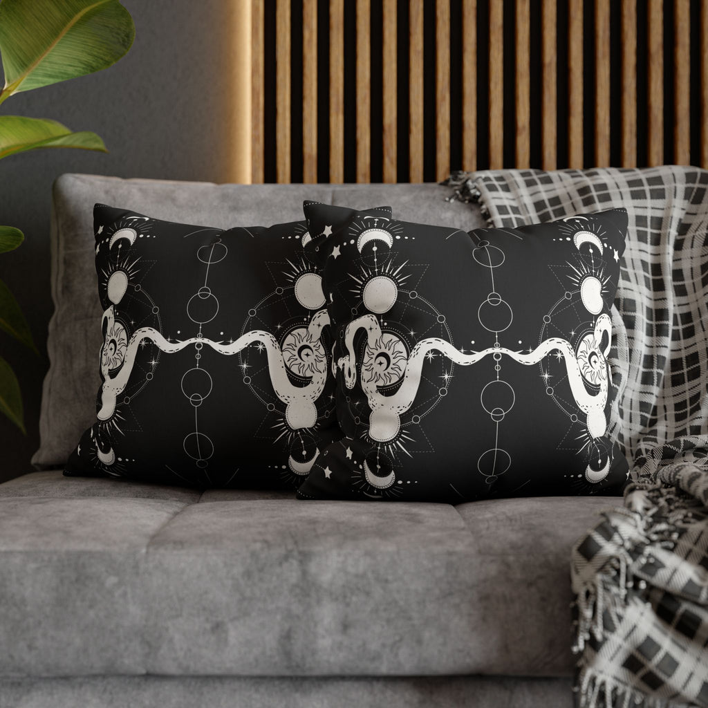 Celestial Snake Moon Phases Throw Pillow — Witchy Gothic Dark Home Decor