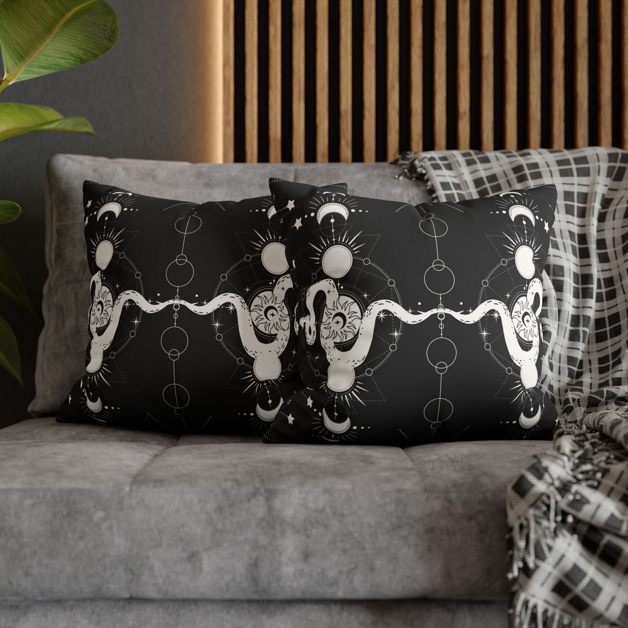 Celestial Snake Moon Phases Throw Pillow — Witchy Gothic Dark Home Decor