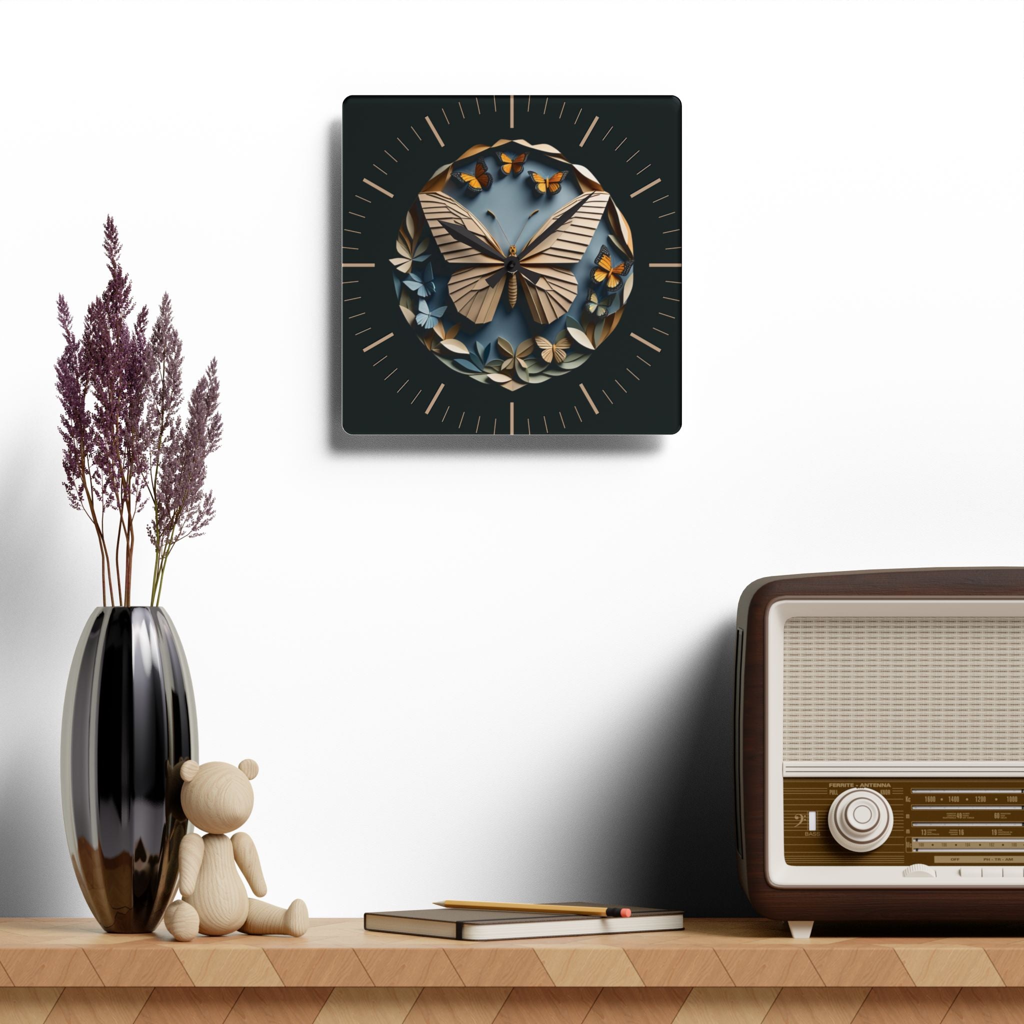 Origami Style Butterfly Acrylic Art Print Wall Clock — NOT Real Origami, Modern Zen Home Decor
