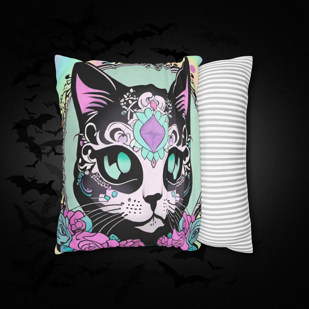 Pastel Goth Sugar Skull Cat Throw Pillow — Floral Gothic Home Decor