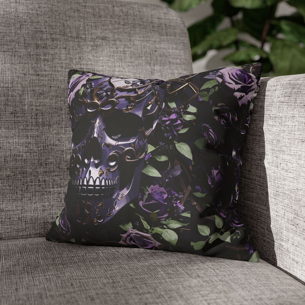 Gothic Black Purple Skull Throw Pillow — Dark Floral Botanical Home Decor