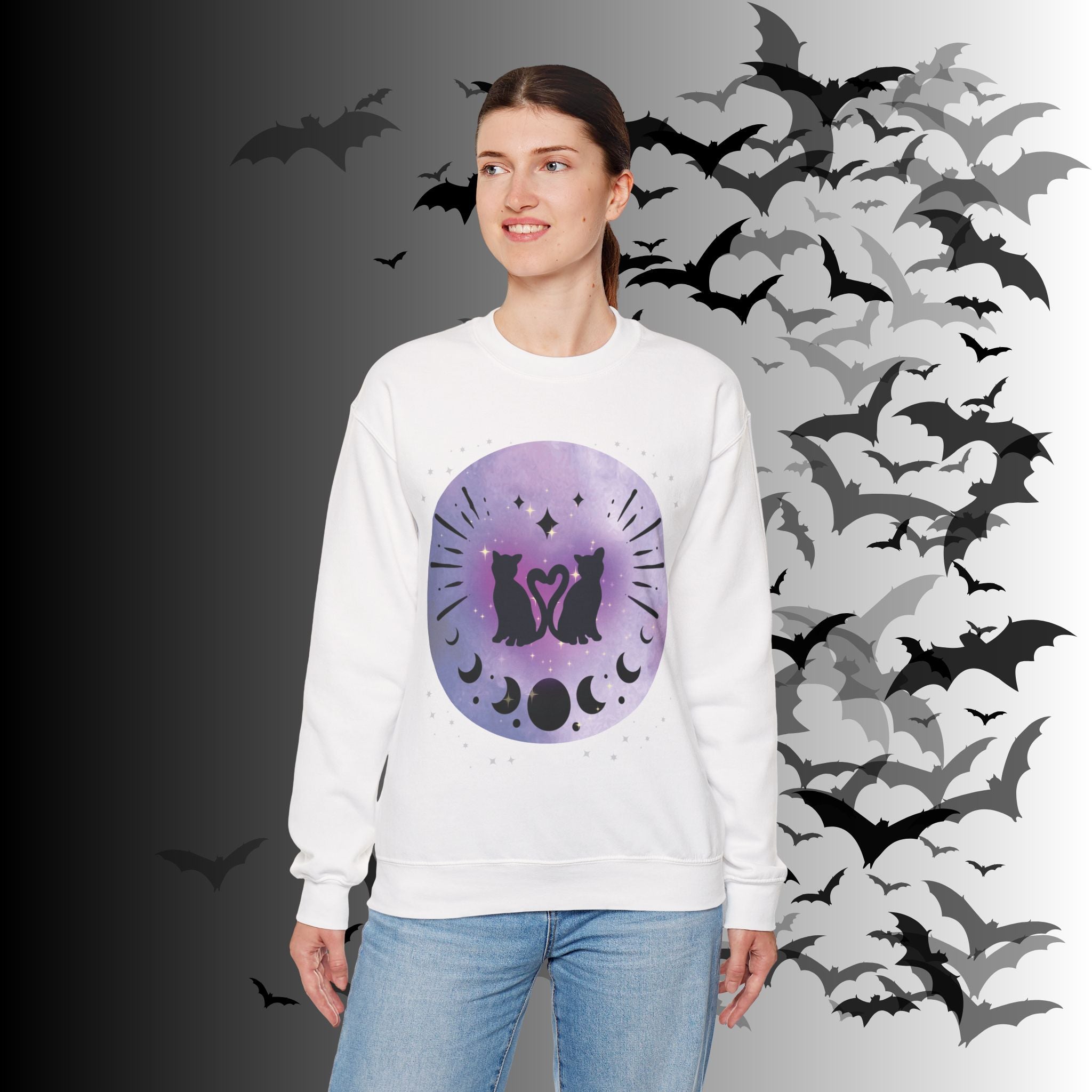 Celestial Twin Cats Heart Moon Crewneck Sweatshirt — Witchy Moon Phase