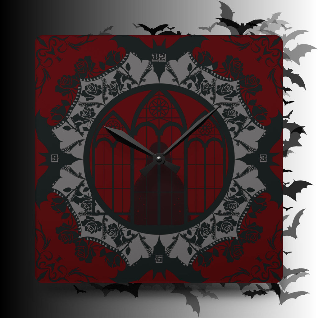 Gothic Cathedral Bats Wall Clock — Black Red Acrylic Art Print Home Decor