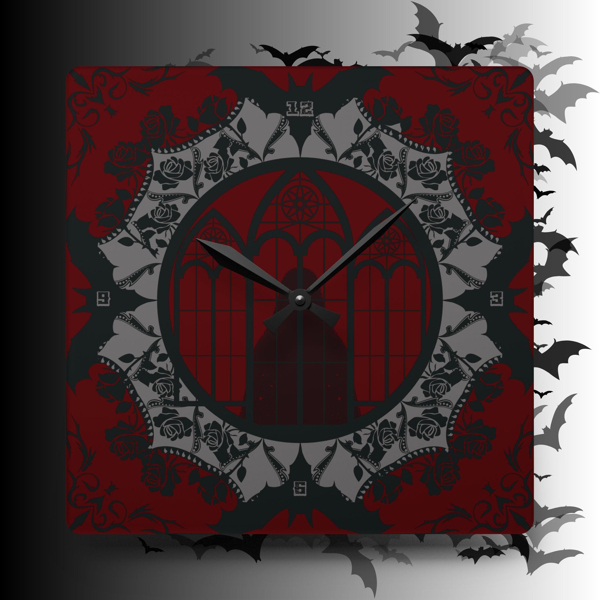 Gothic Cathedral Bats Wall Clock — Black Red Acrylic Art Print Home Decor