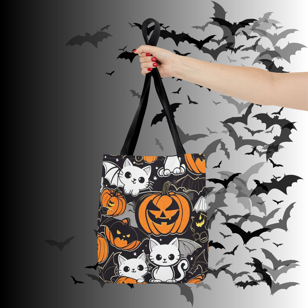 Kawaii Bat Cat Halloween Tote Bag — Dark Pumpkin Pattern