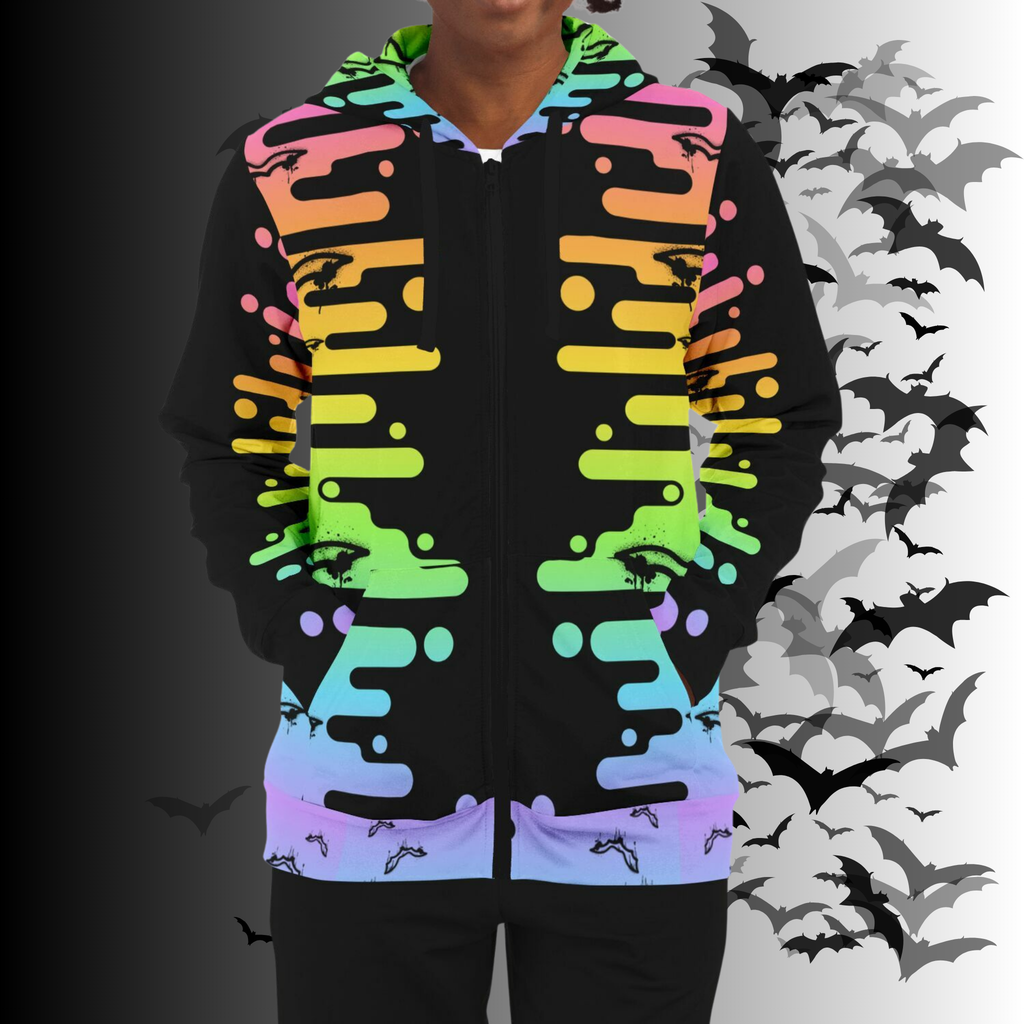 Neon Rainbow Drip Bat All Over Print Zip Hoodie