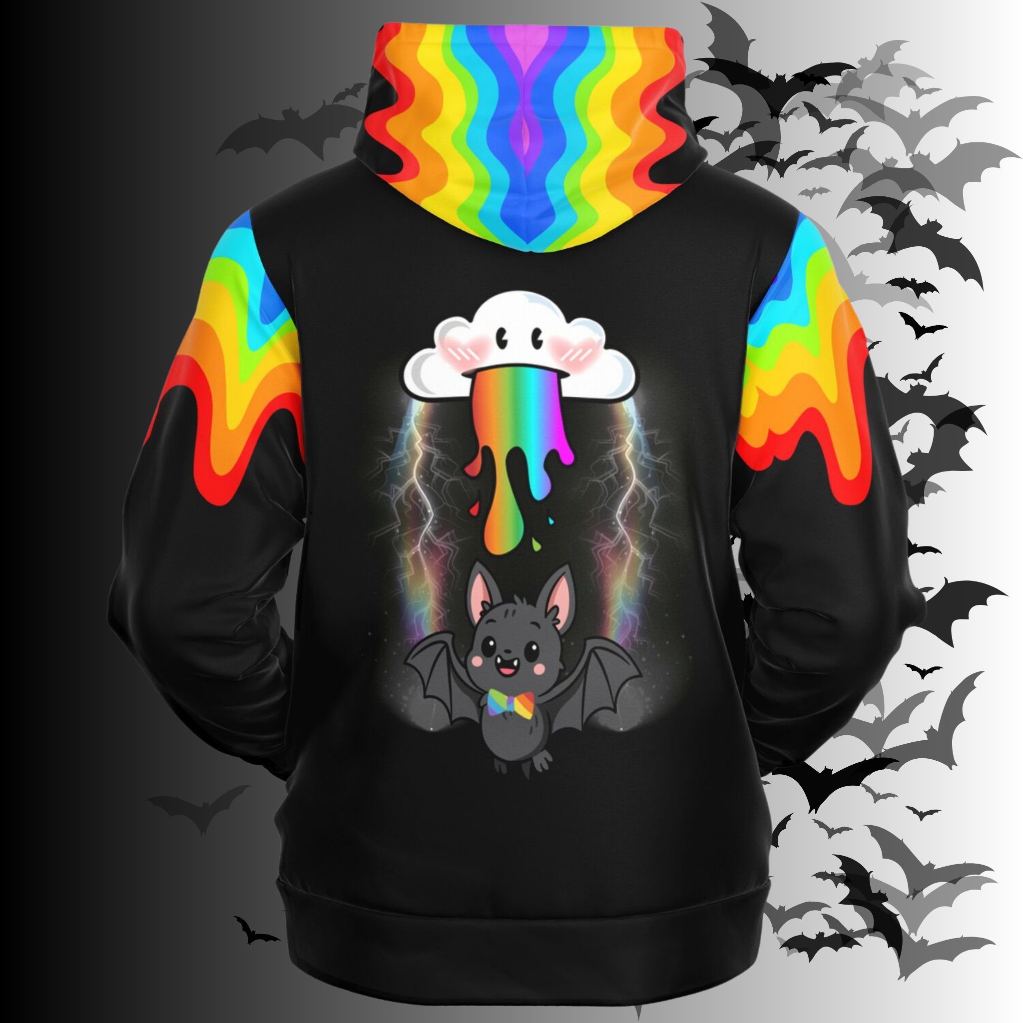 Black all over print zip hoodie with rainbow drip design on sleeves and hood, front view showing rainbow flowing from shoulders down sleeves, back view showing kawaii cloud vomiting rainbow with lightning and a small pride bat in a rainbow bow tie with wings spread