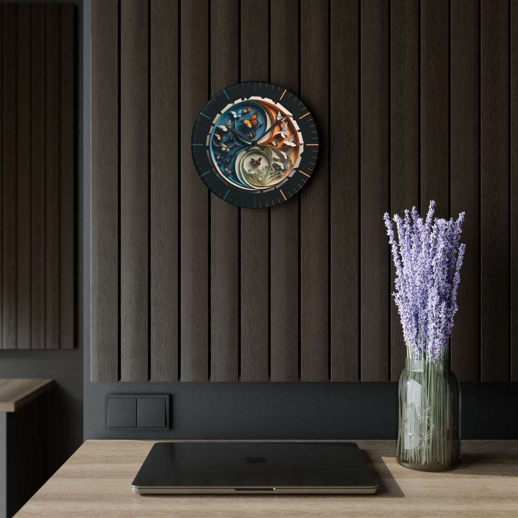 Origami Style Yin Yang Butterfly Acrylic Art Print Wall Clock Teal Orange — NOT Real Origami, Zen Home Decor
