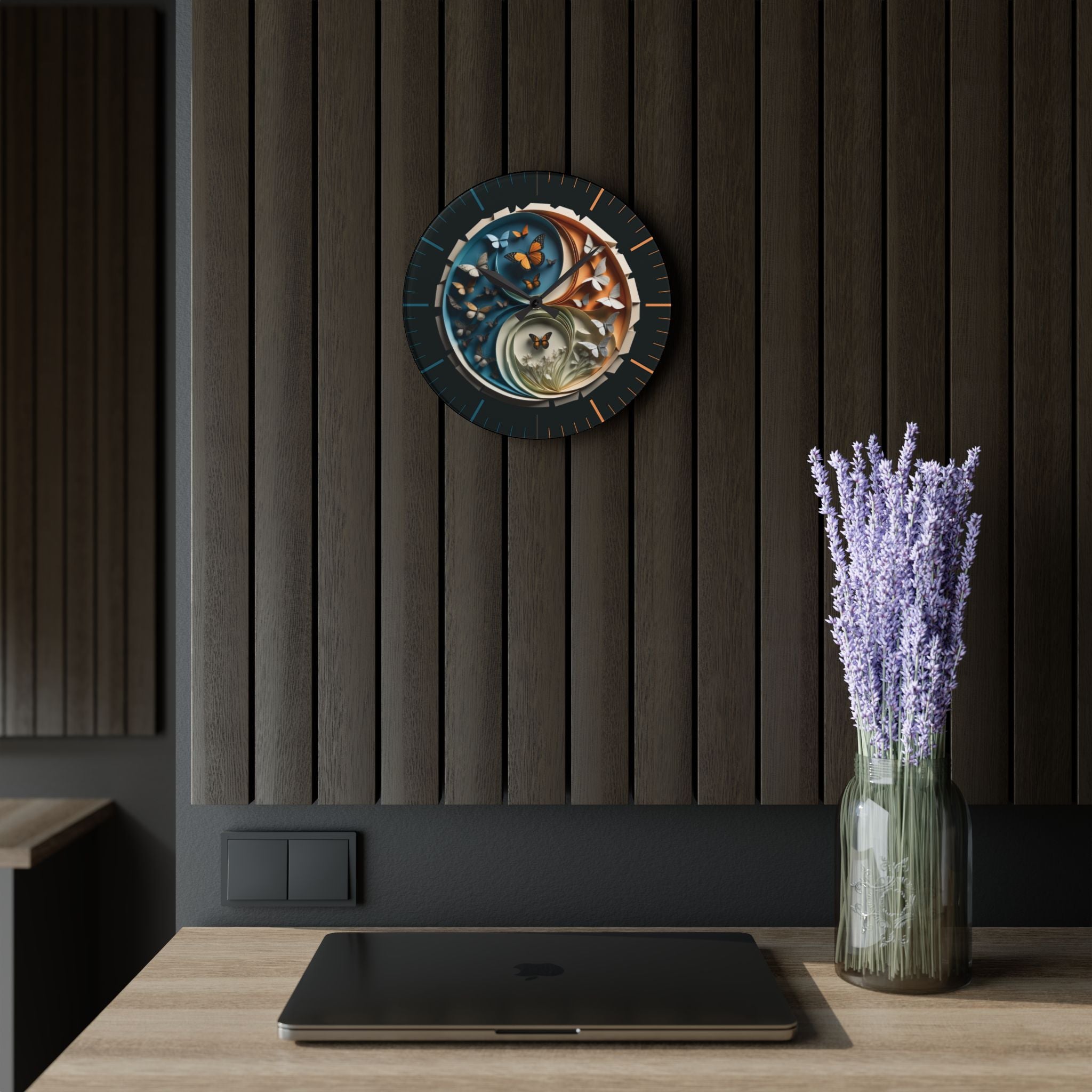 Origami Style Yin Yang Butterfly Acrylic Art Print Wall Clock Teal Orange — NOT Real Origami, Zen Home Decor