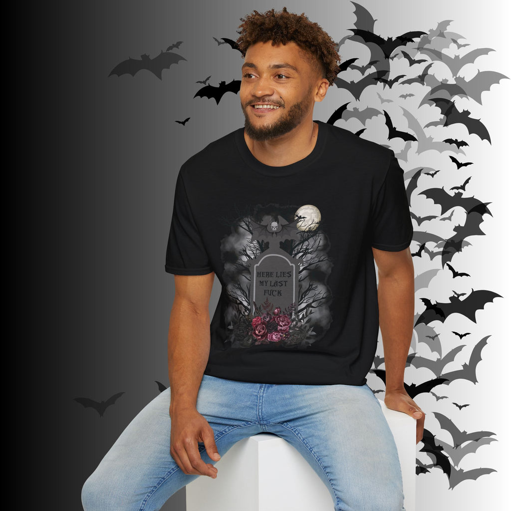 "Here Lies My Last F*ck" Gothic Gravestone T-Shirt — Spooky Humor Tee