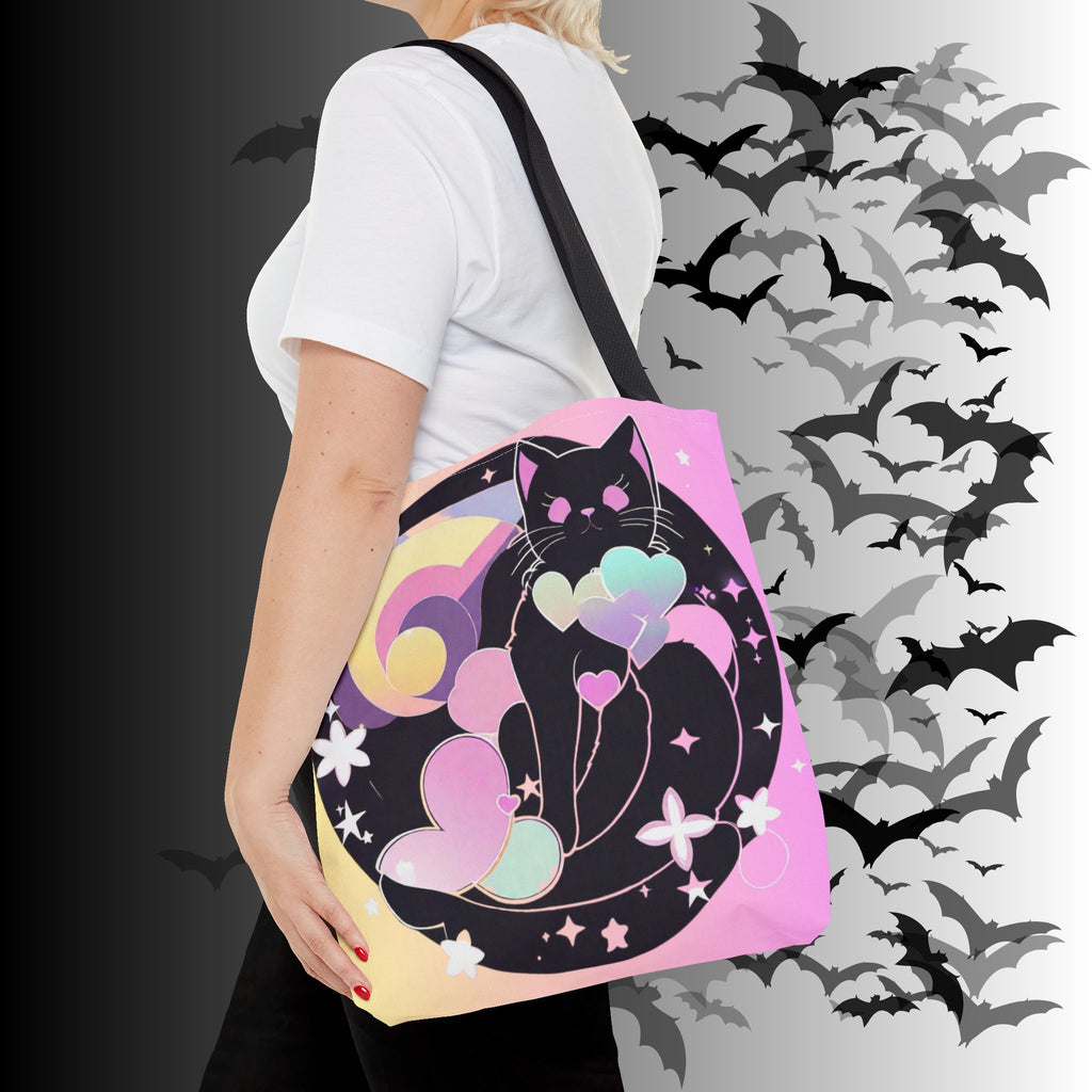 Pastel Goth Black Cat Heart Balloon Tote Bag — Kawaii Moon Print