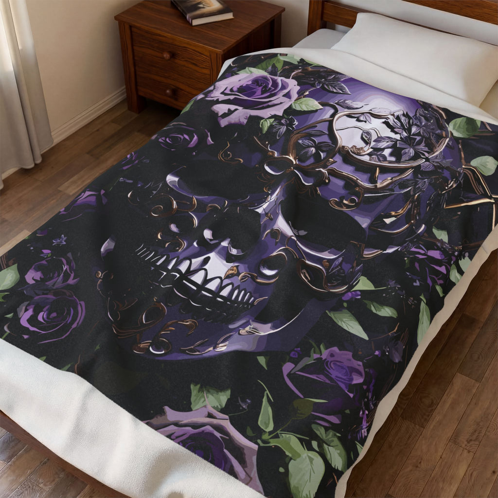 Black throw blanket with large gothic skull surrounded by deep purple roses, gold scrollwork, and sage green leaves