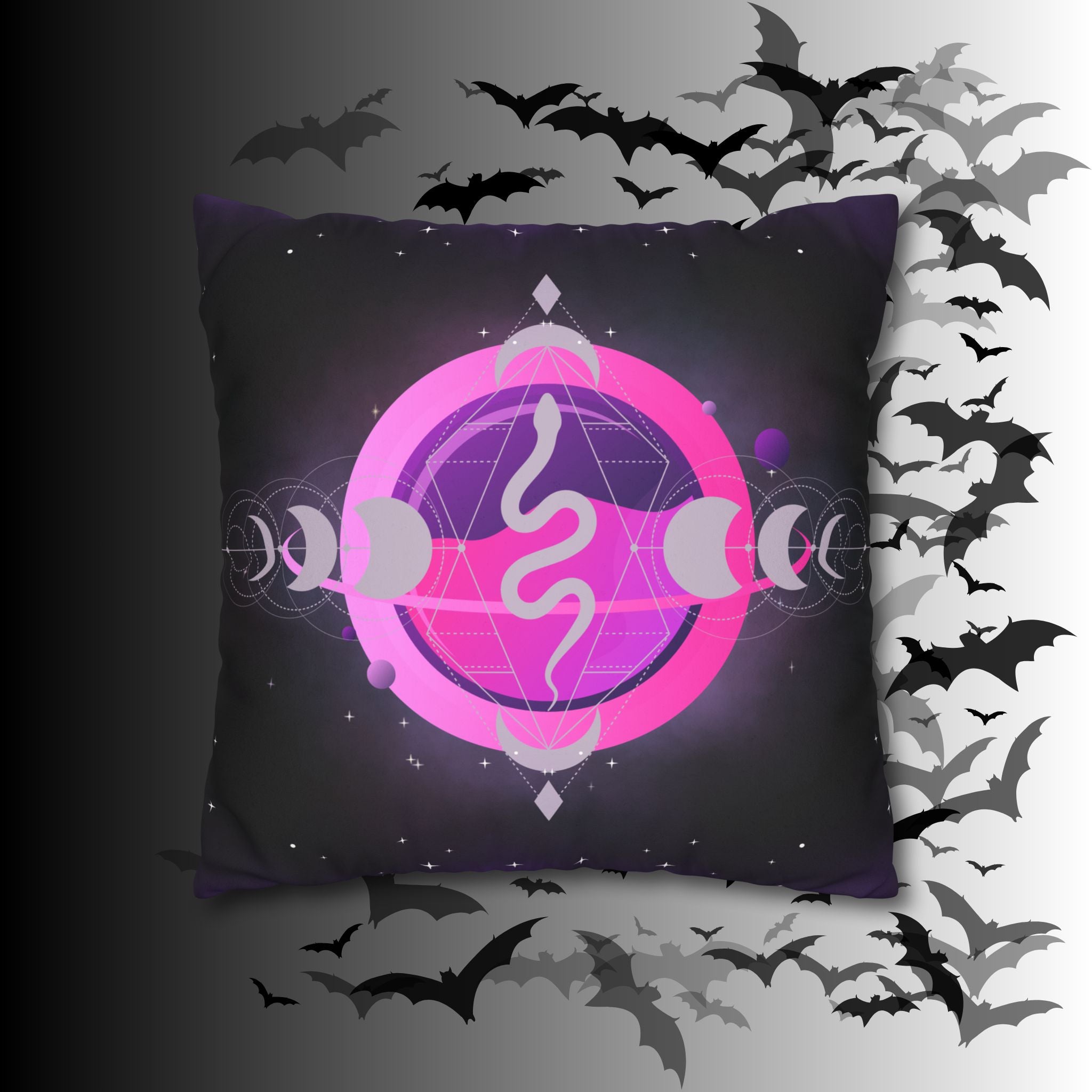 Pastel Goth Celestial Snake Moon Phases Throw Pillow — Witchy Dark Home Decor