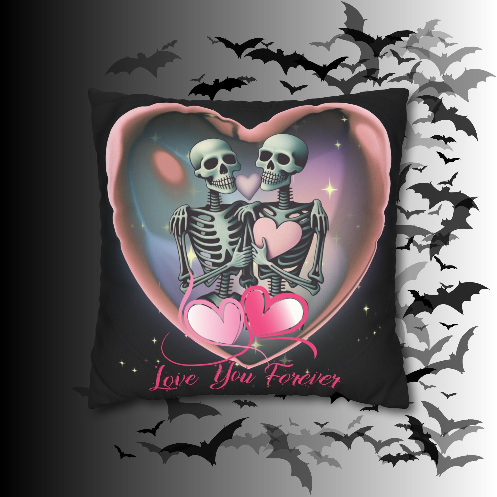Love You Forever Skeleton Couple Throw Pillow — Gothic Love Dark Home Decor