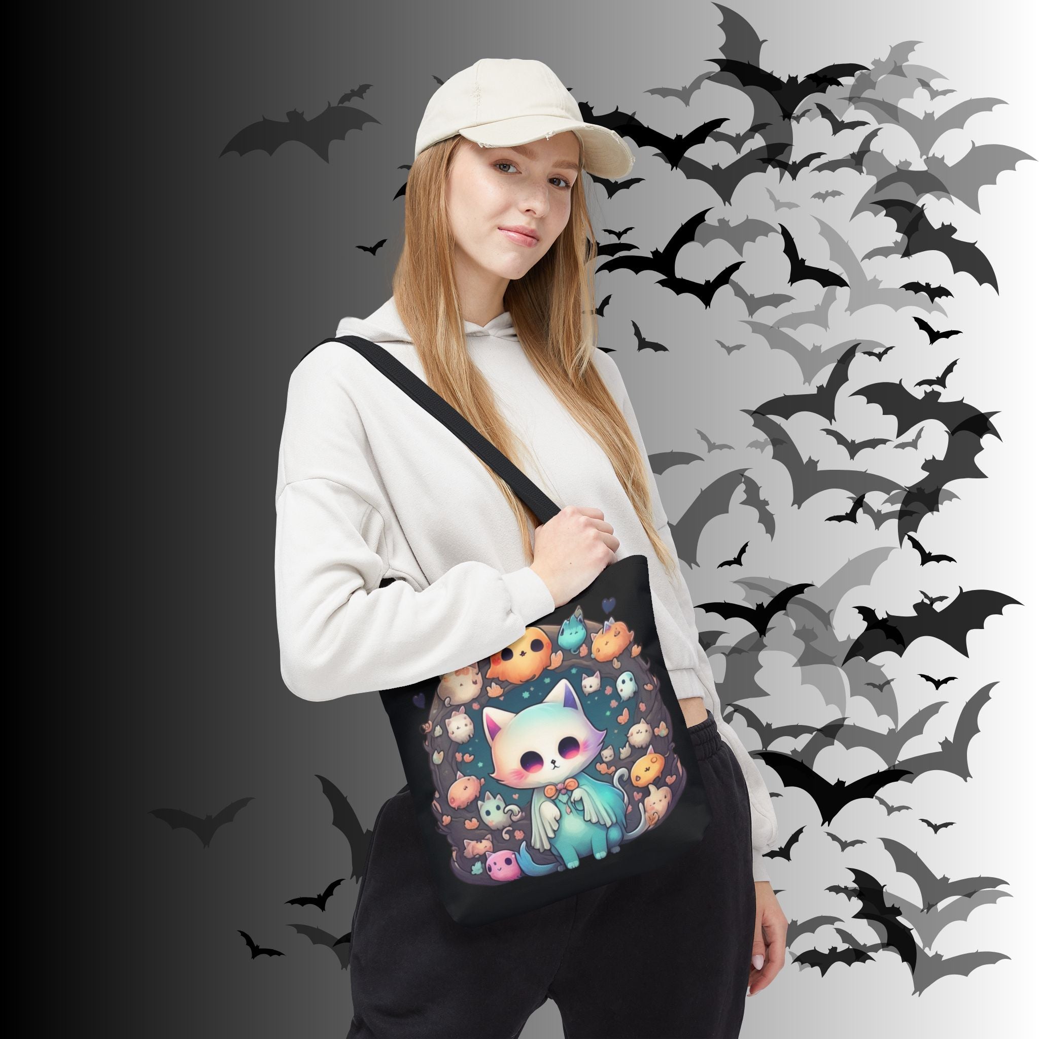 Pastel Goth Ghost Cat Tote Bag — Kawaii Spooky All-Over Print
