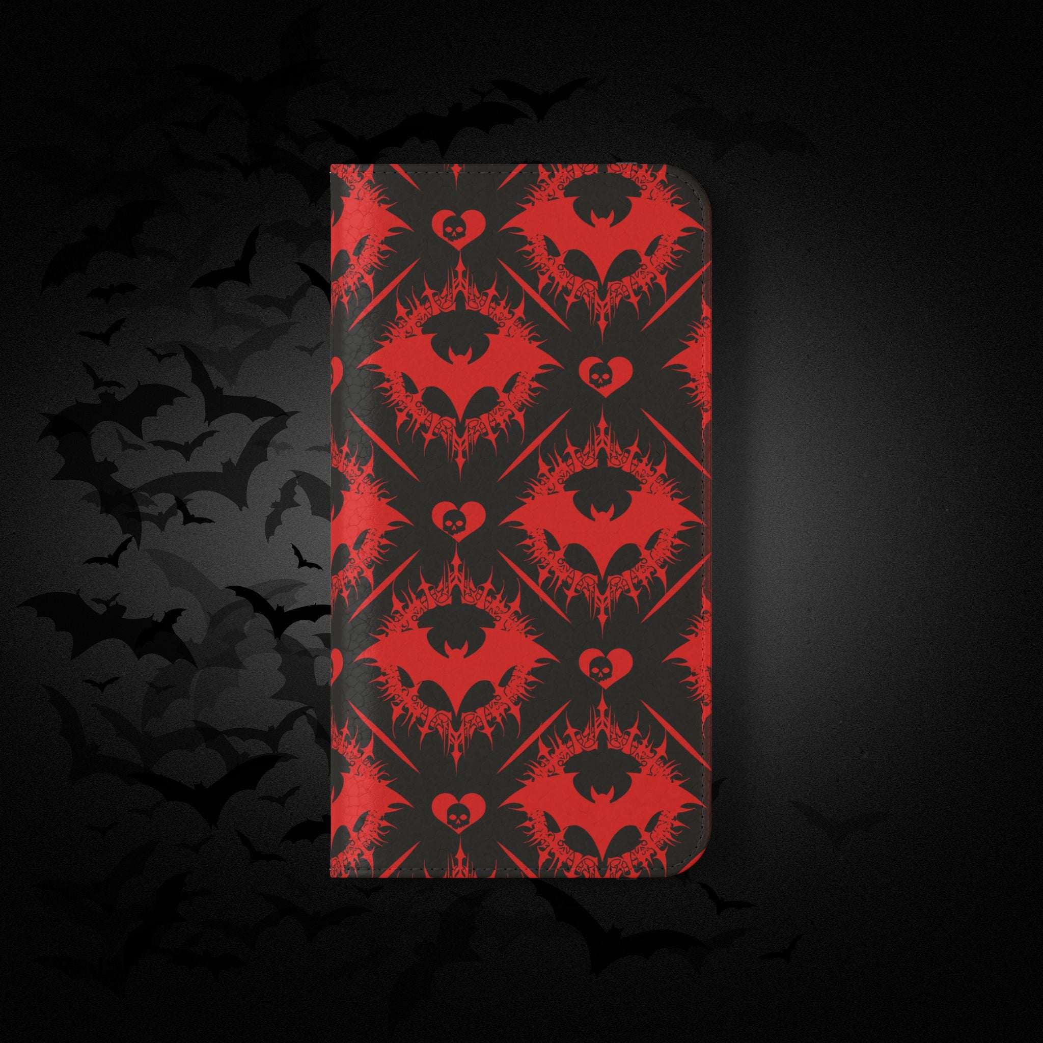 Gothic Bat Wallet Flip Case - Elegant Goth Phone Wallet - Bat Pattern Flip Case - Gothic Phone Case - Stylish Wallet Phone Case