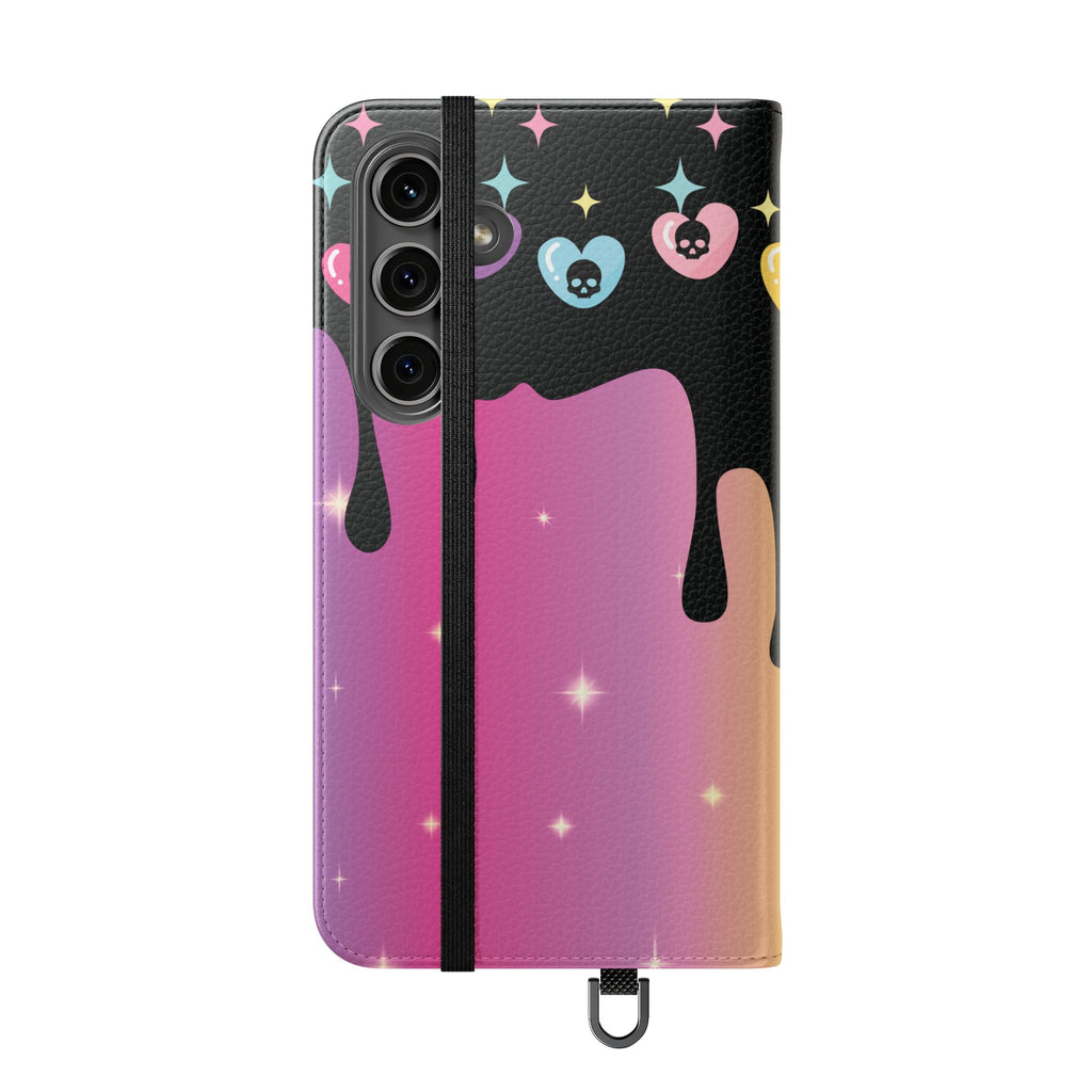 Pastel Goth Drippy Rainbow Skulls Flip Wallet Phone Case - Wallet Case for Samsung and iPhone - Gothic Style Wallet Phone Cases