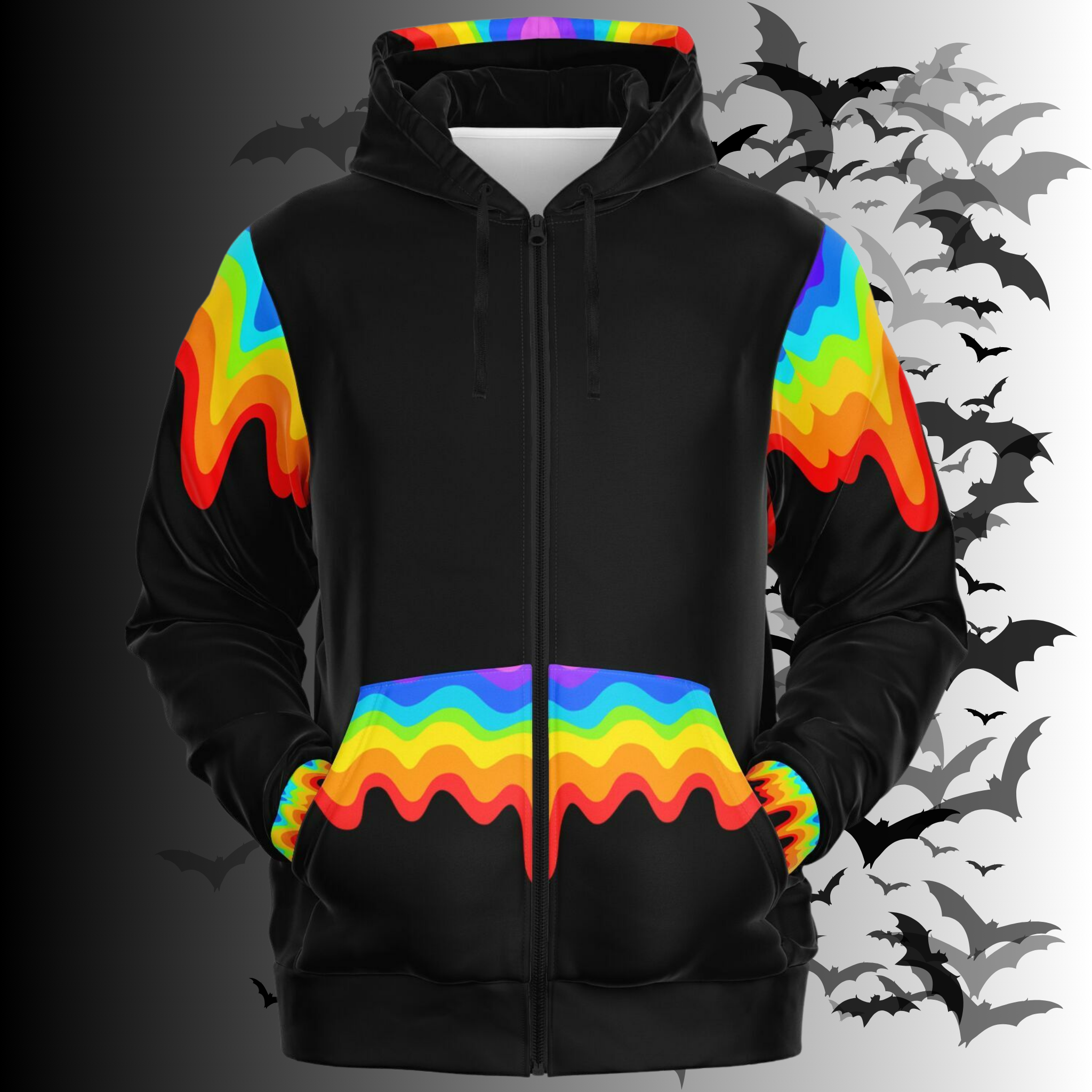 Rainbow Vomit Cloud Bat All Over Print Zip Hoodie — Kawaii Goth Pride Unisex AOP Hoodie