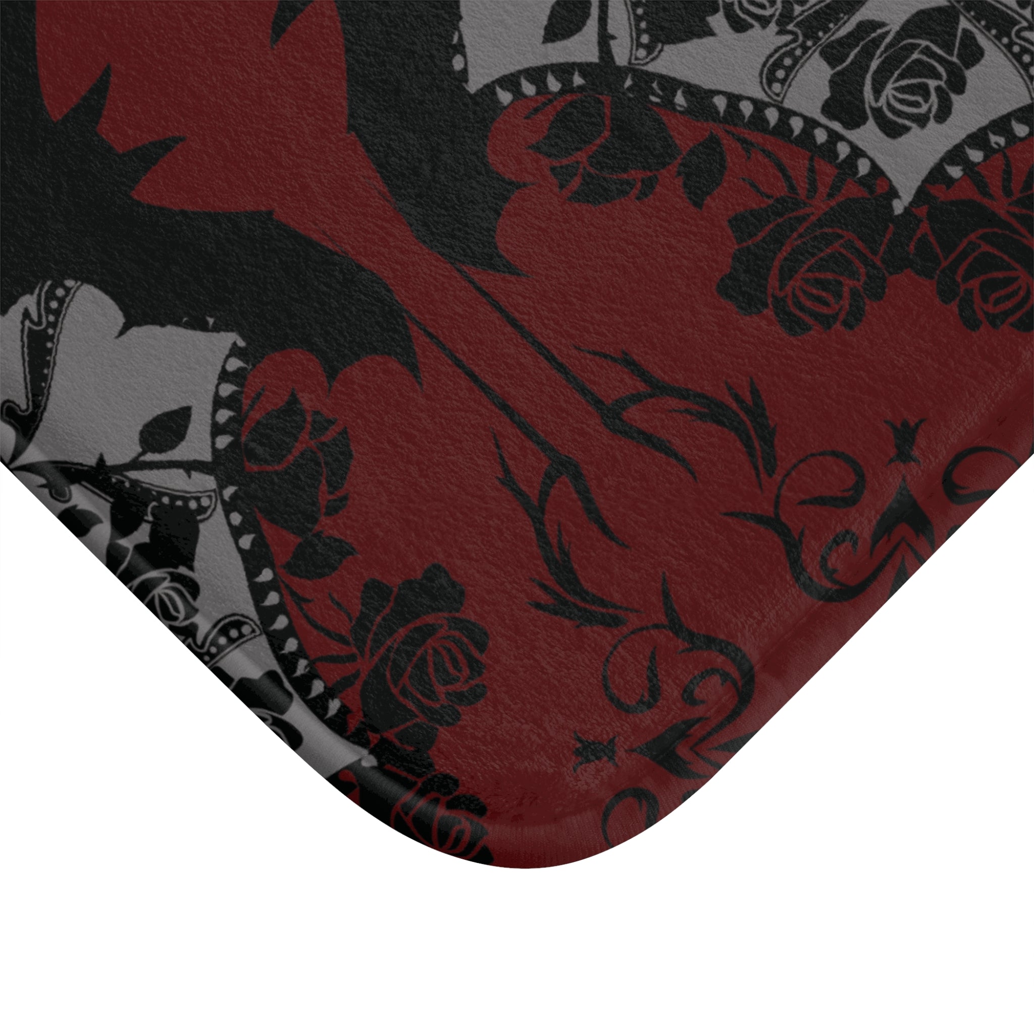 Gothic Cathedral Bats Bath Mat — Elegant Crimson Bathroom Decor