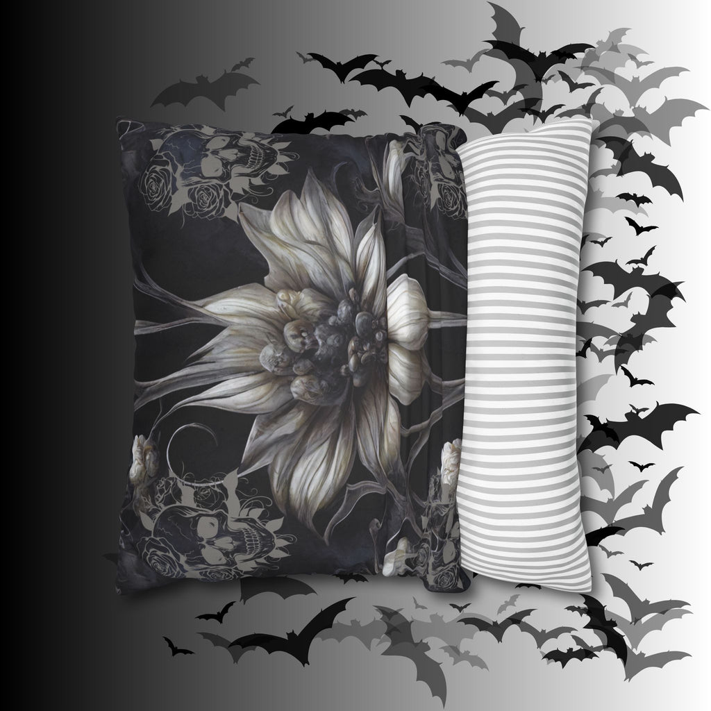 Gothic Skull Botanical Sunflower Throw Pillow — Dark Floral Home Decor