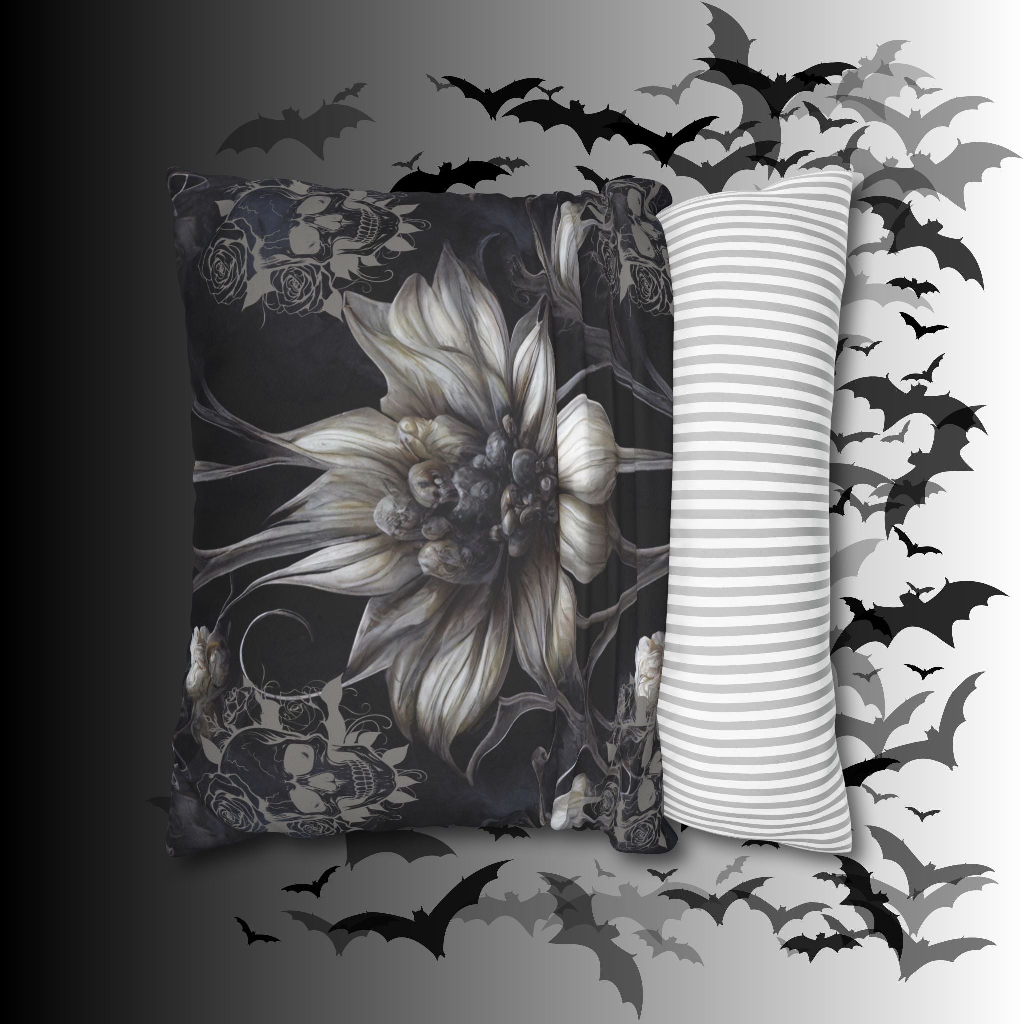 Gothic Skull Botanical Sunflower Throw Pillow — Dark Floral Home Decor