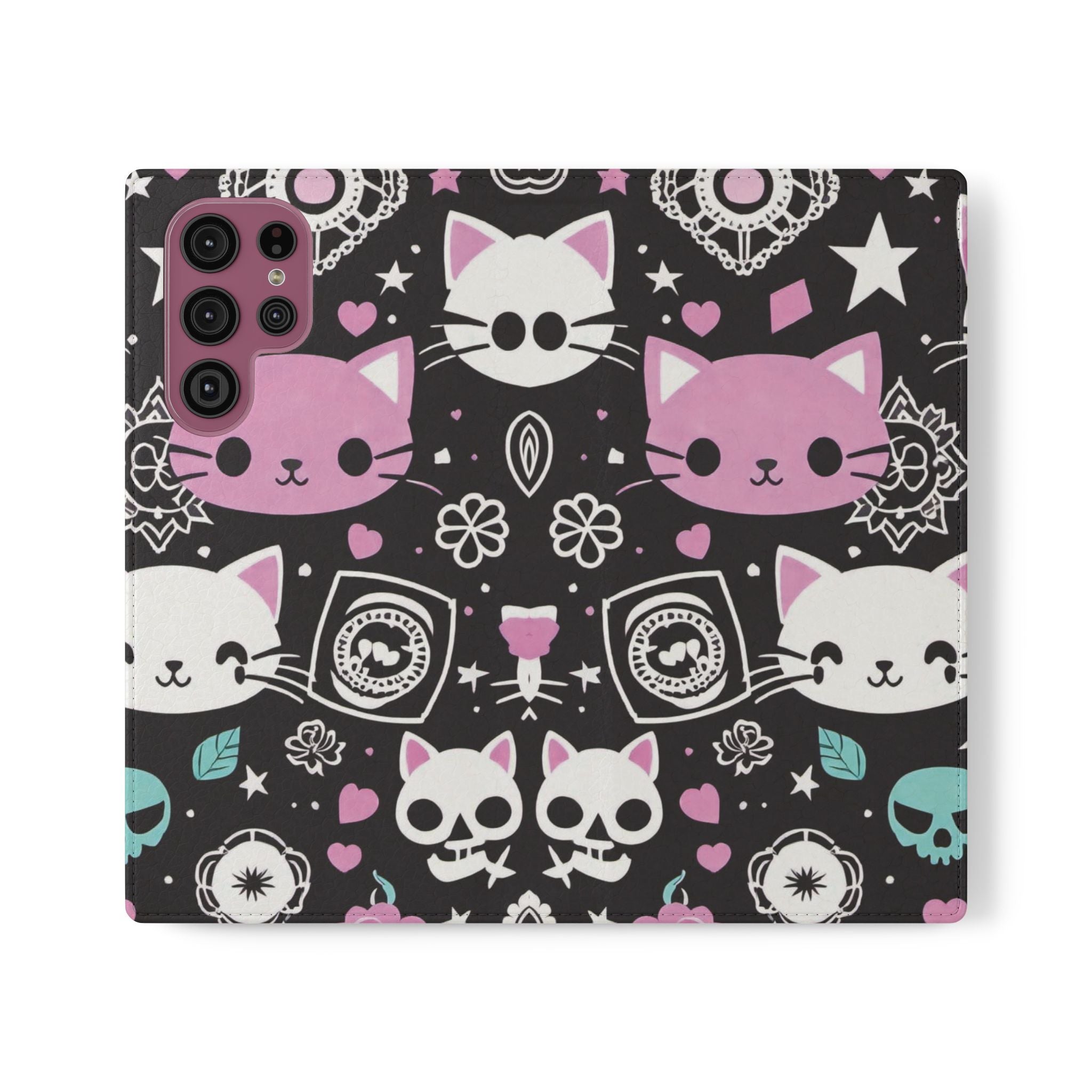 Pastel Goth Cat Flip Wallet Phone Case - Goth Cat Wallet Case for Samsung iPhone - Gothic Style Cats Wallet Phone Cases