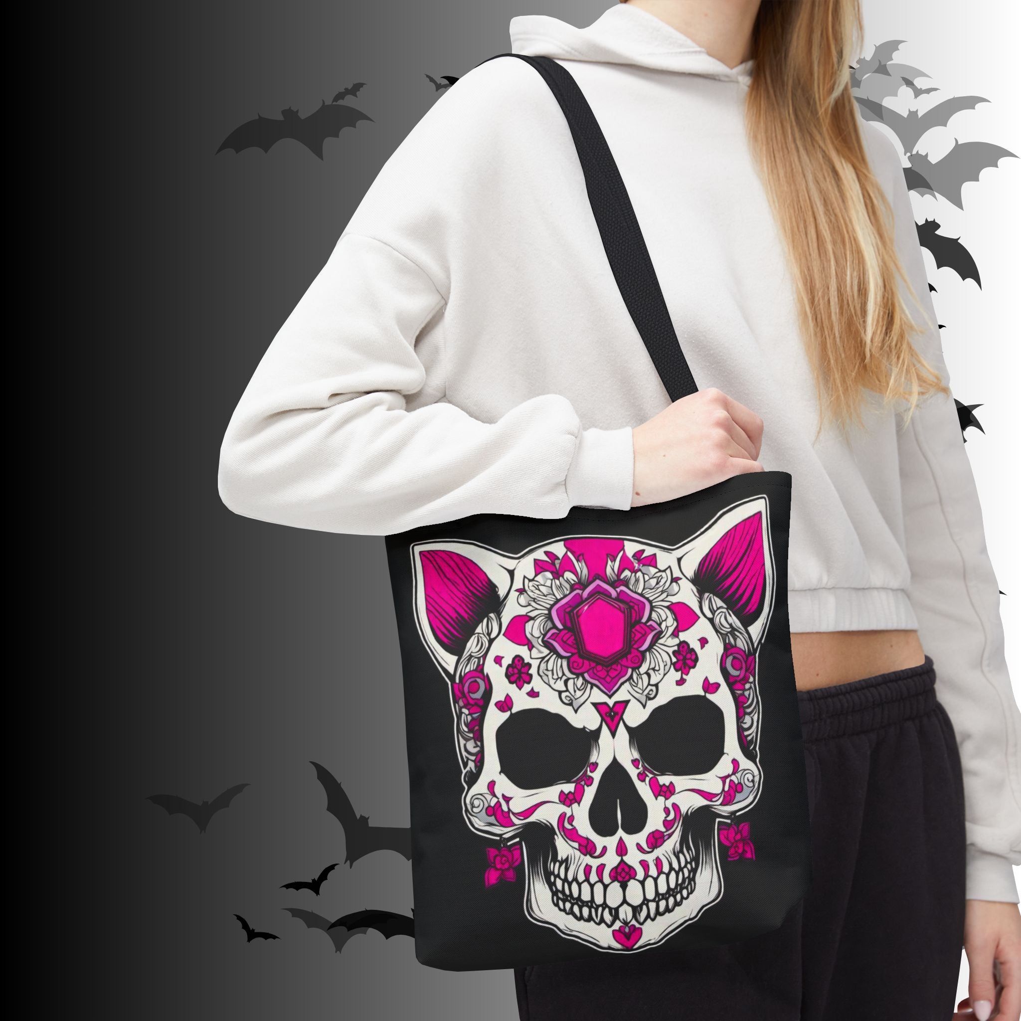 Pink Sugar Skull Cat Tote Bag — Day of the Dead Floral Design