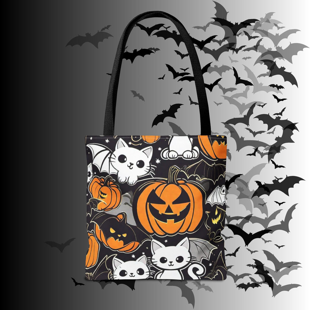 Kawaii Bat Cat Halloween Tote Bag — Dark Pumpkin Pattern