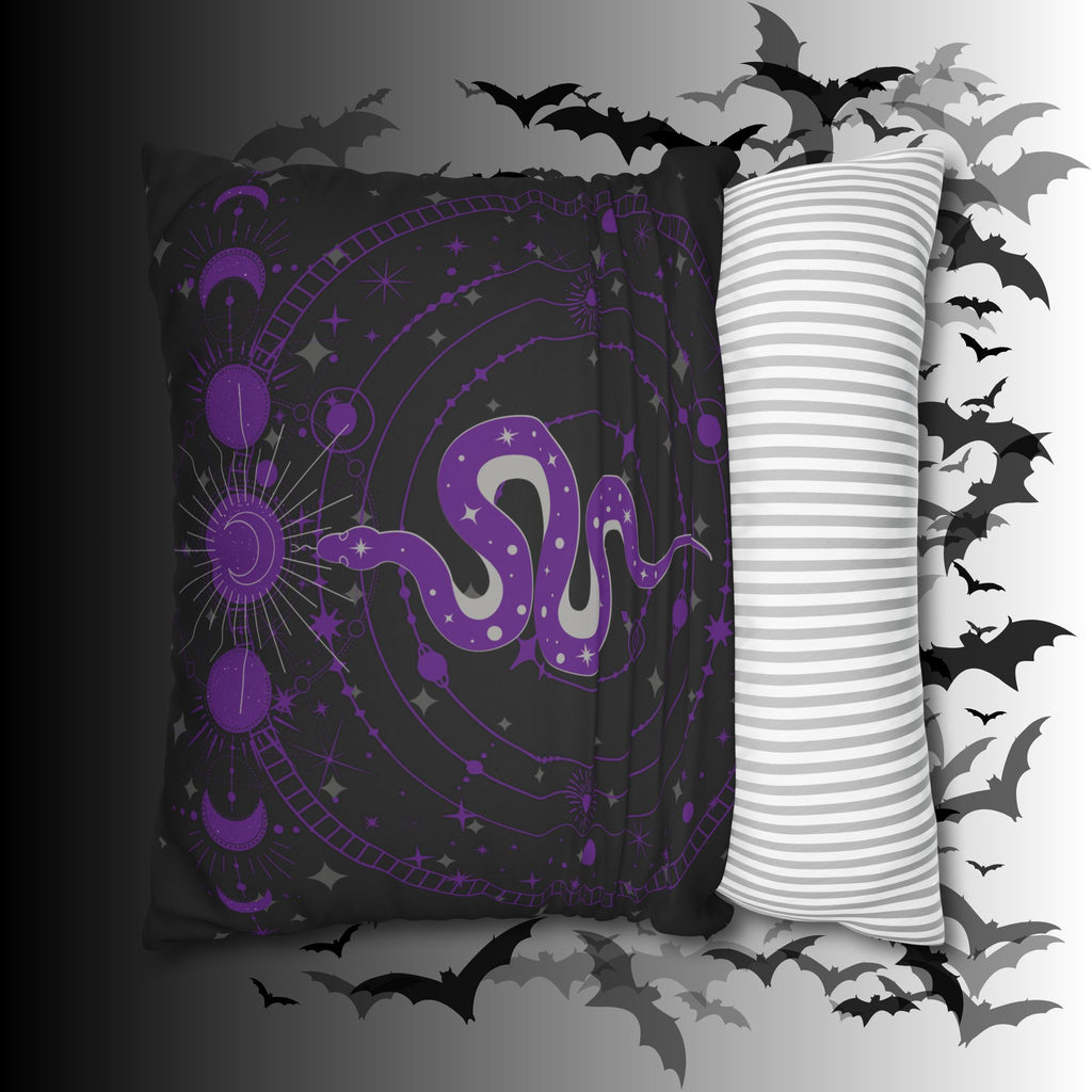 Purple Celestial Snake Moon Phases Throw Pillow — Witchy Gothic Dark Home Decor