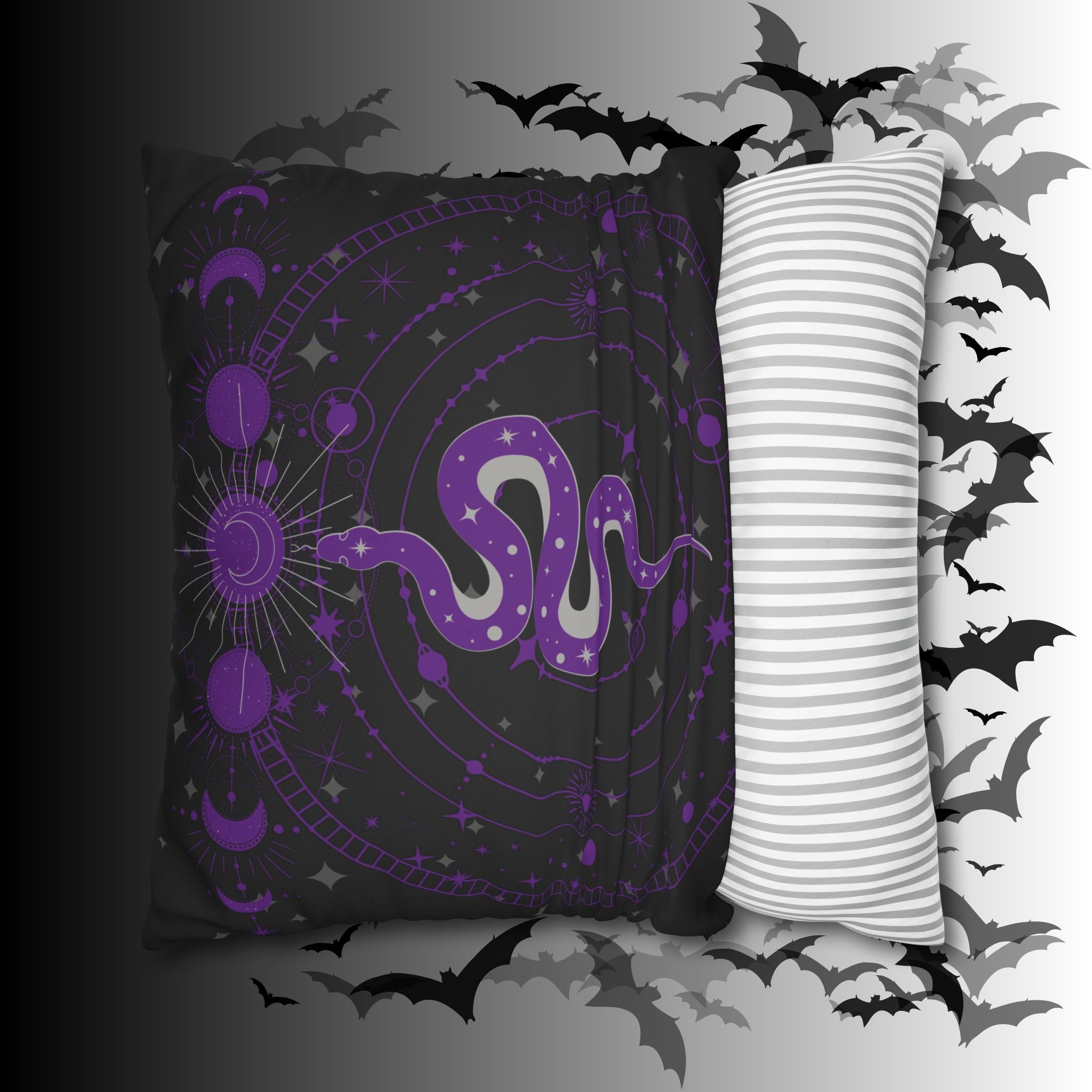 Purple Celestial Snake Moon Phases Throw Pillow — Witchy Gothic Dark Home Decor