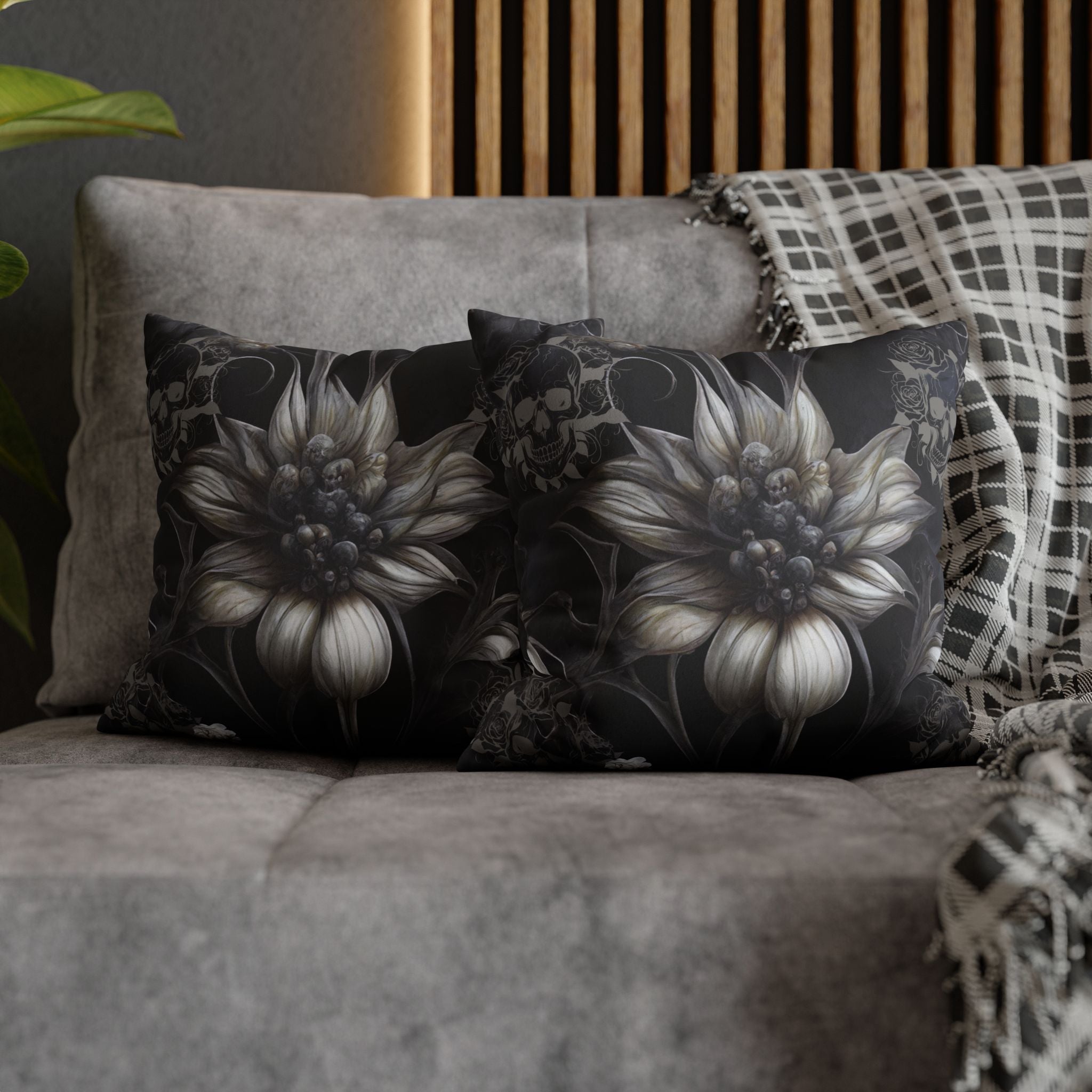 Gothic Skull Botanical Sunflower Throw Pillow — Dark Floral Home Decor