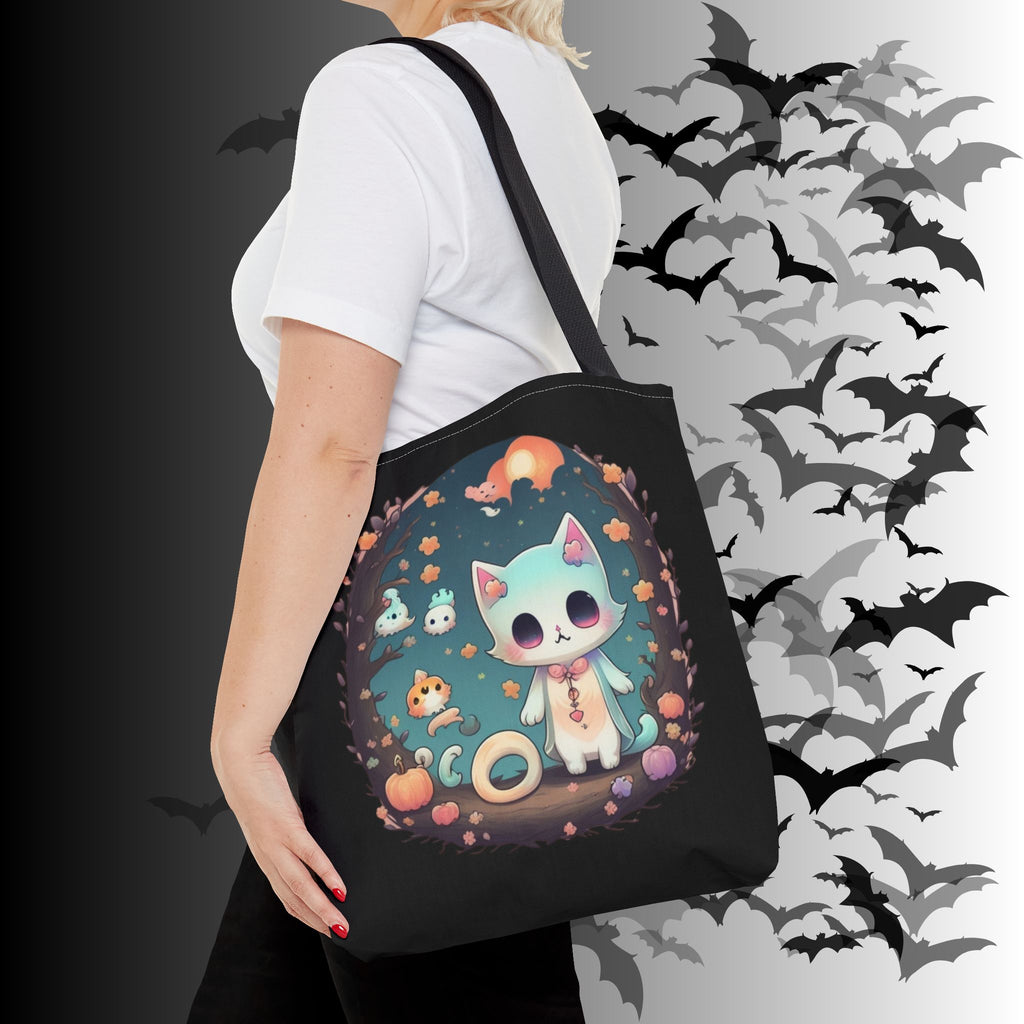 Pastel Goth Kawaii Cat Halloween Tote Bag — Moonlit Forest Scene