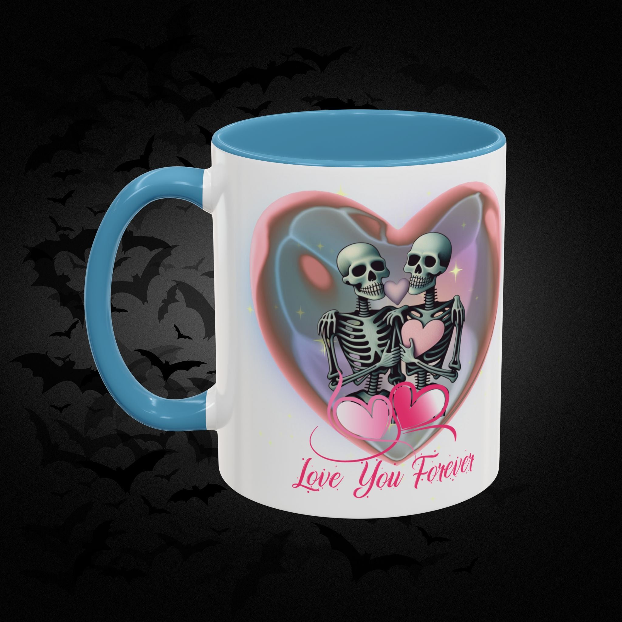 Love You Forever Valloween Coffee Mug — Skeleton Couple Heart Design (11/15oz)