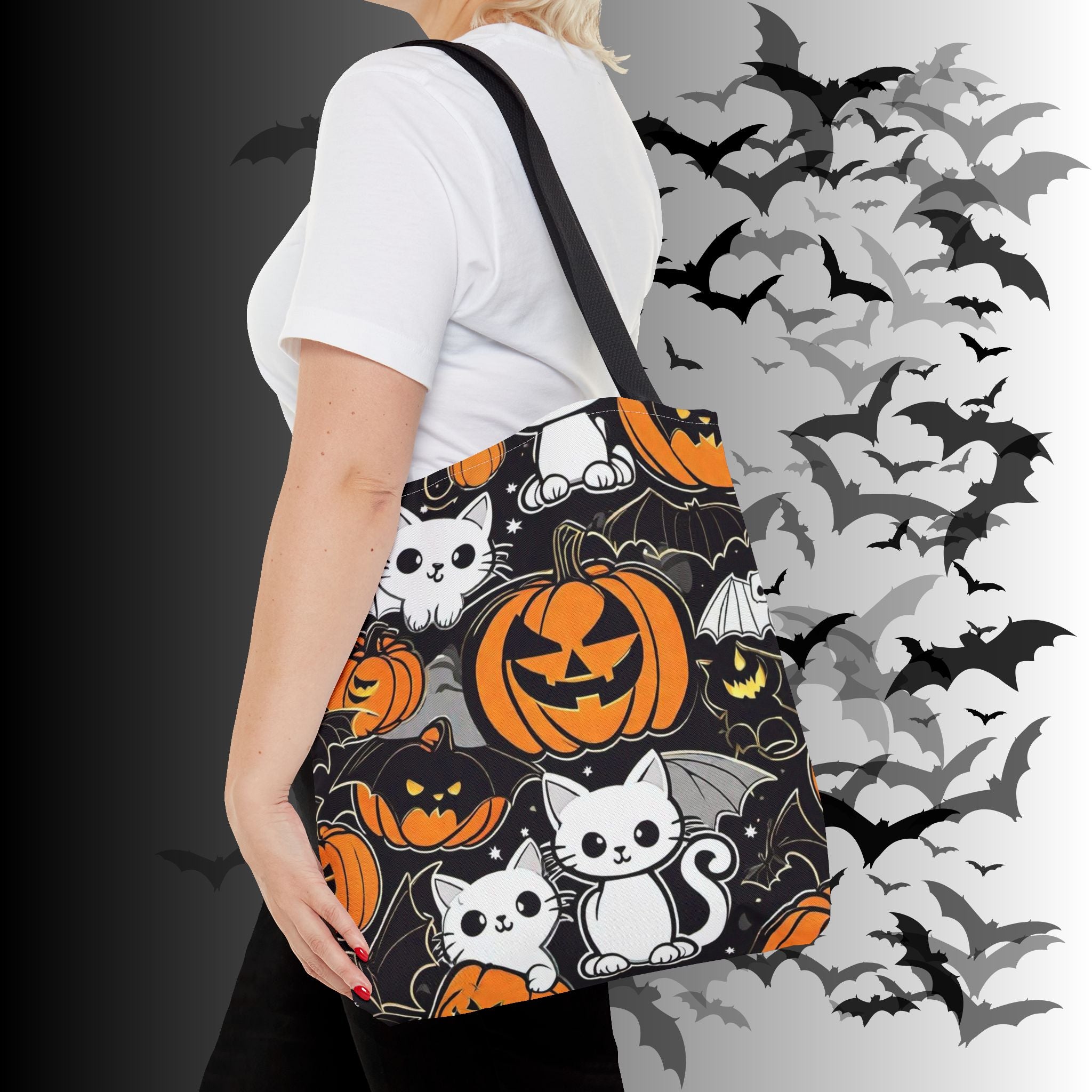 Kawaii Bat Cat Halloween Tote Bag — Dark Pumpkin Pattern