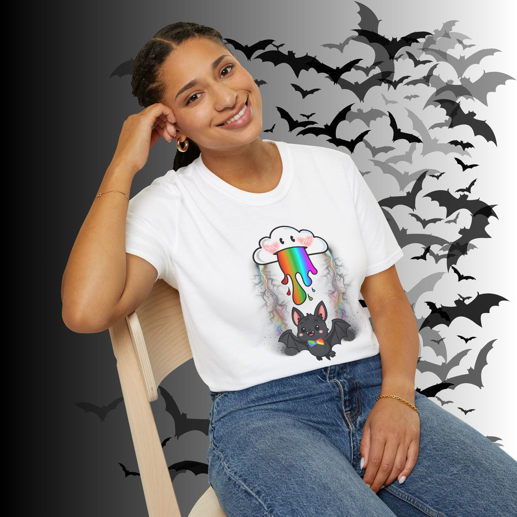 Rainbow Vomit Cloud Bat T-Shirt — Kawaii Goth Pride Unisex Tee