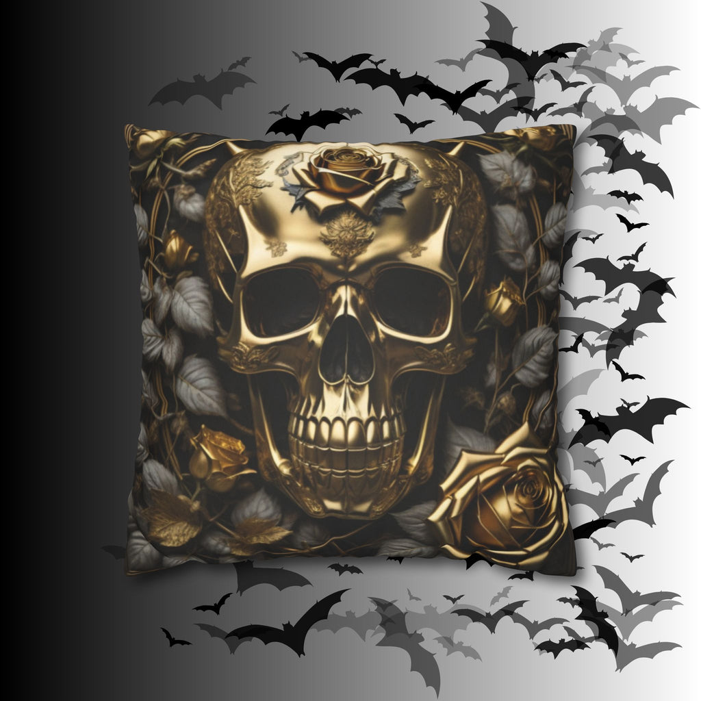 Gothic Gold Black Rose Skull Throw Pillow — Dark Floral Botanical Home Decor