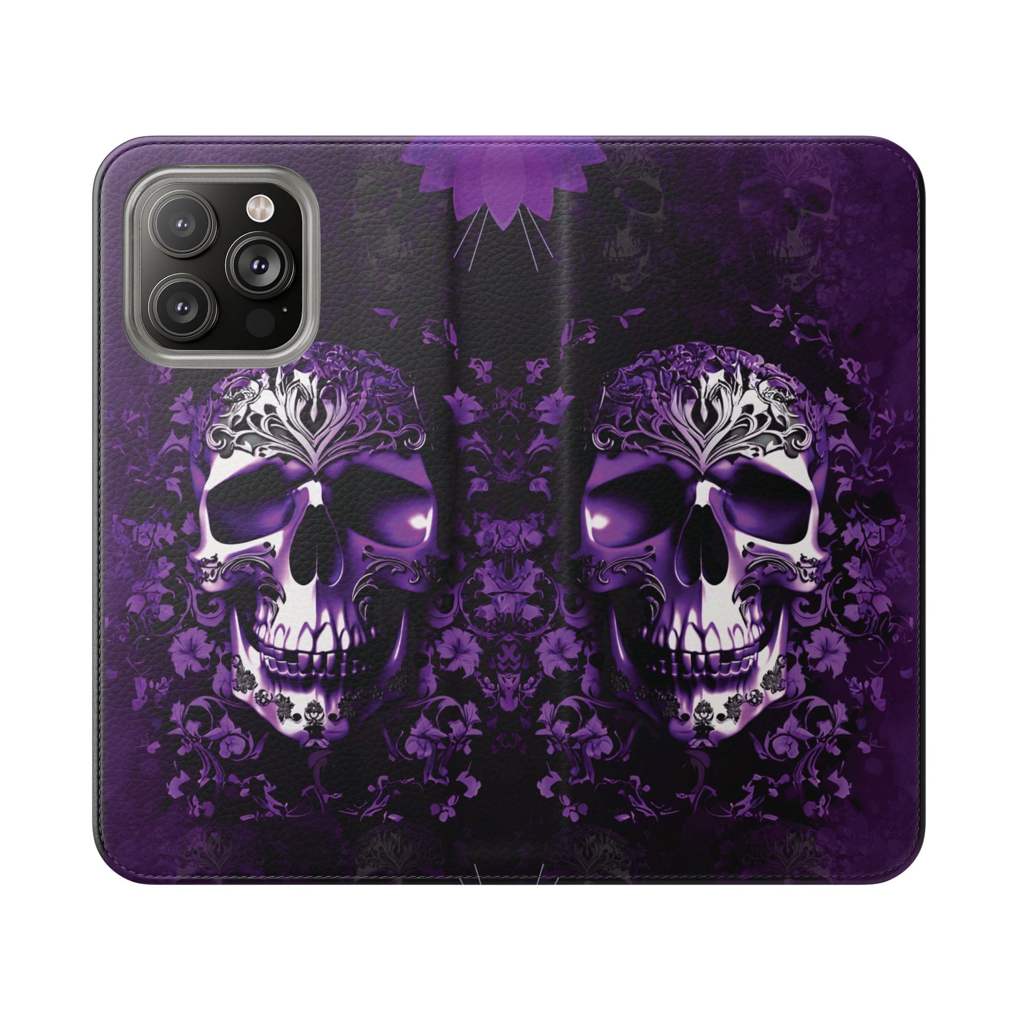 Purple Pastel Goth Skull Flip Wallet Phone Case - Skull Wallet Case for Samsung iPhone - Gothic Style Skull Wallet Phone Cases