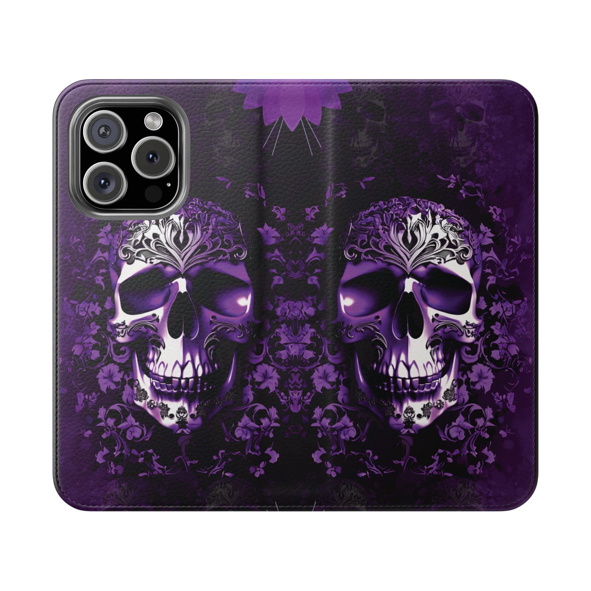 Purple Pastel Goth Skull Flip Wallet Phone Case - Skull Wallet Case for Samsung iPhone - Gothic Style Skull Wallet Phone Cases