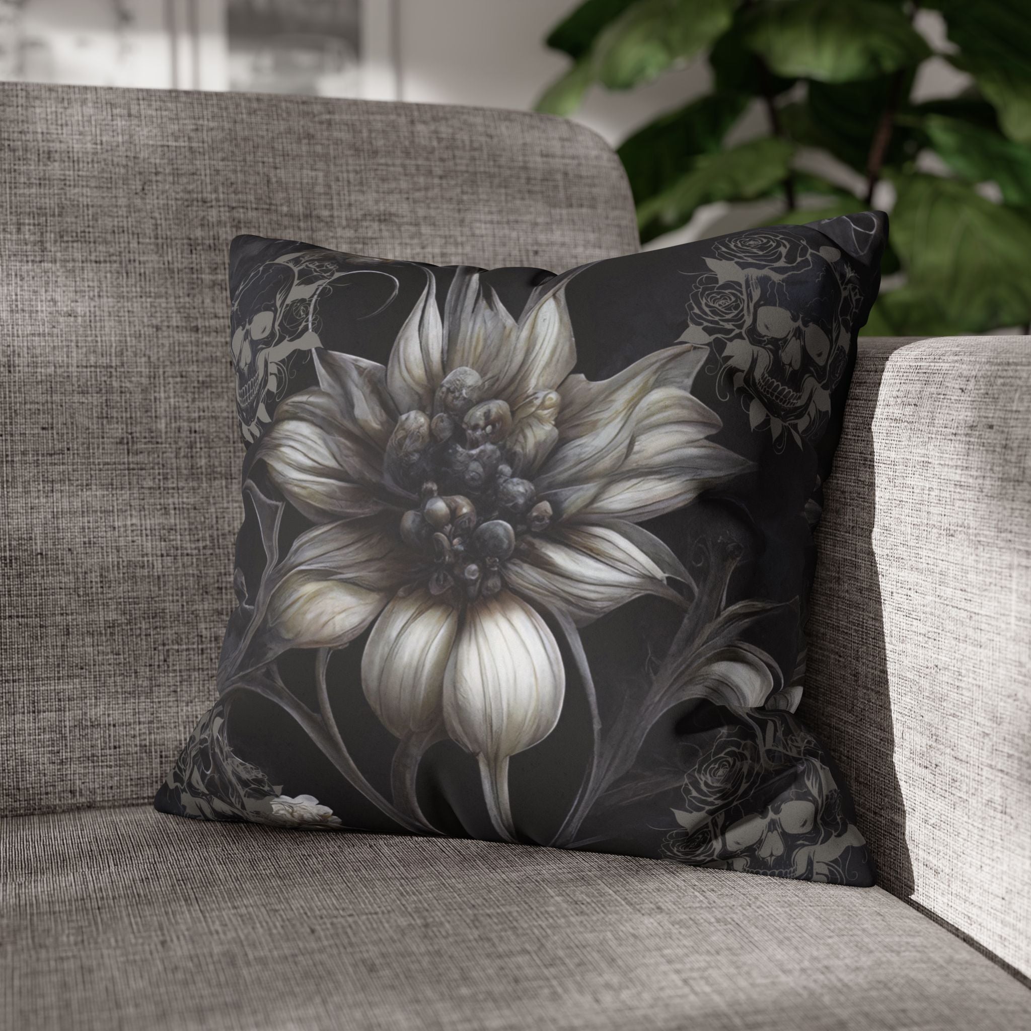 Gothic Skull Botanical Sunflower Throw Pillow — Dark Floral Home Decor