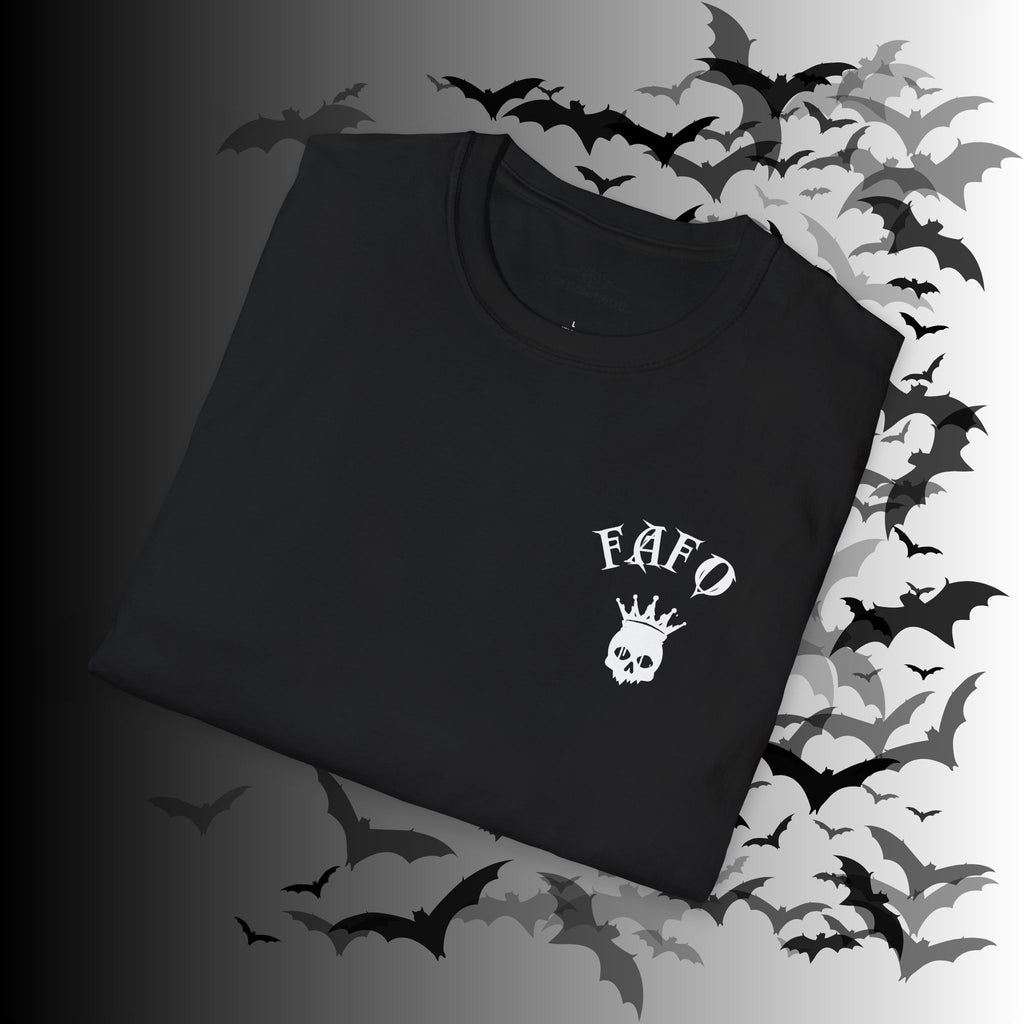 "FAFO" I Identify As A Threat T-Shirt — White Print Front & Back Gothic Tee