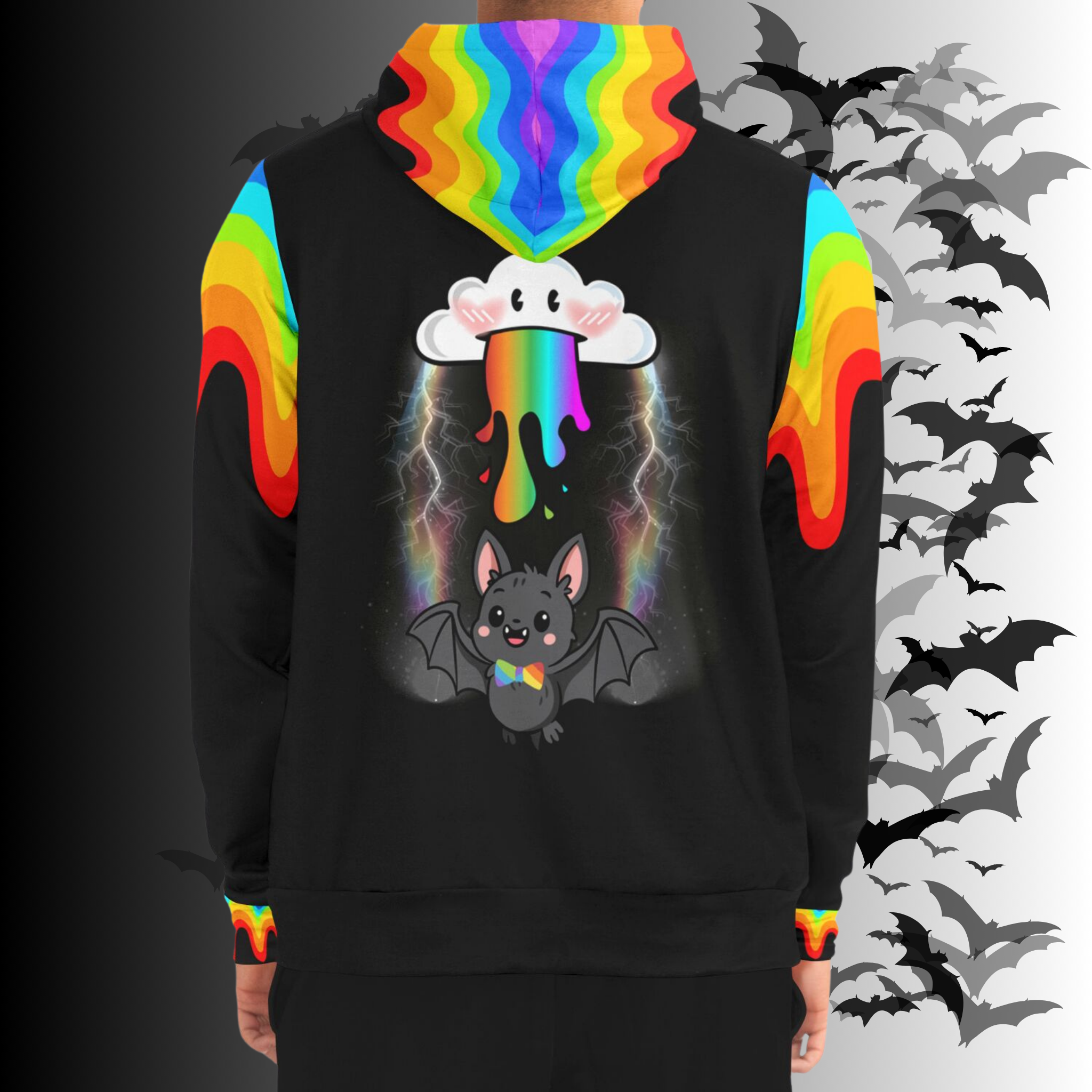Rainbow Vomit Cloud Bat All Over Print Zip Hoodie — Kawaii Goth Pride Unisex AOP Hoodie