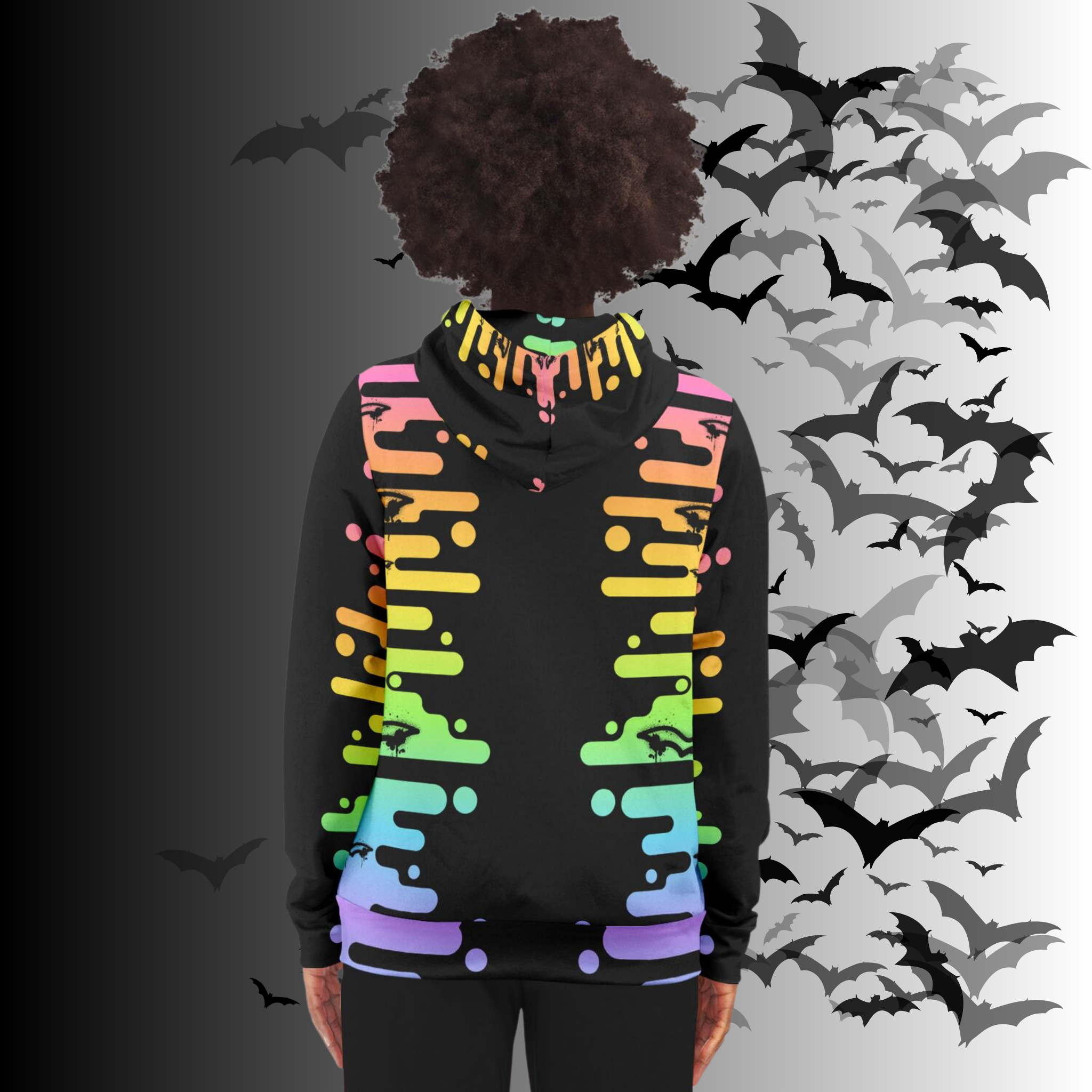 Neon Rainbow Drip Bat All Over Print Zip Hoodie