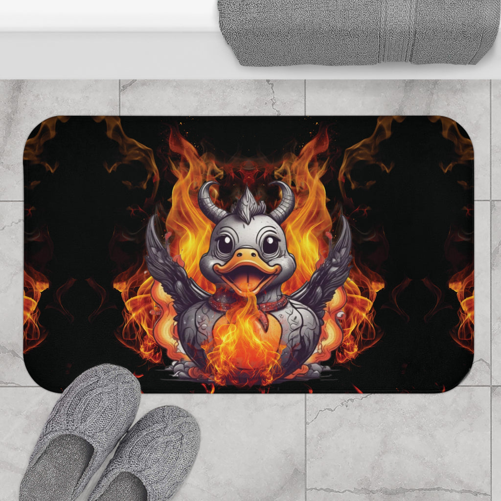 
Gothic bath mat with a demonic rubber duck in metal armor with horns and wings surrounded by mirrored flames on a deep black background displayed on marble tile flooring