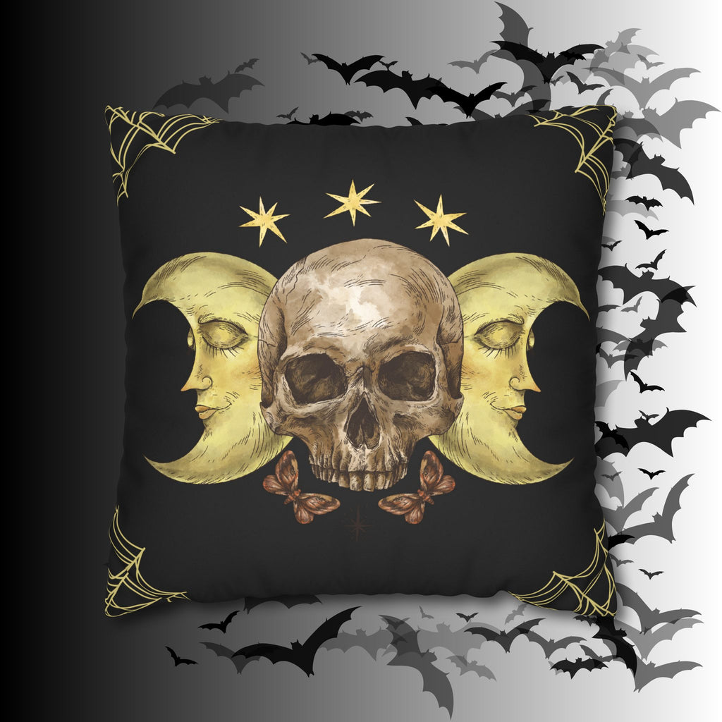 Gothic Moon Skull Throw Pillow — Celestial Dark Home Decor