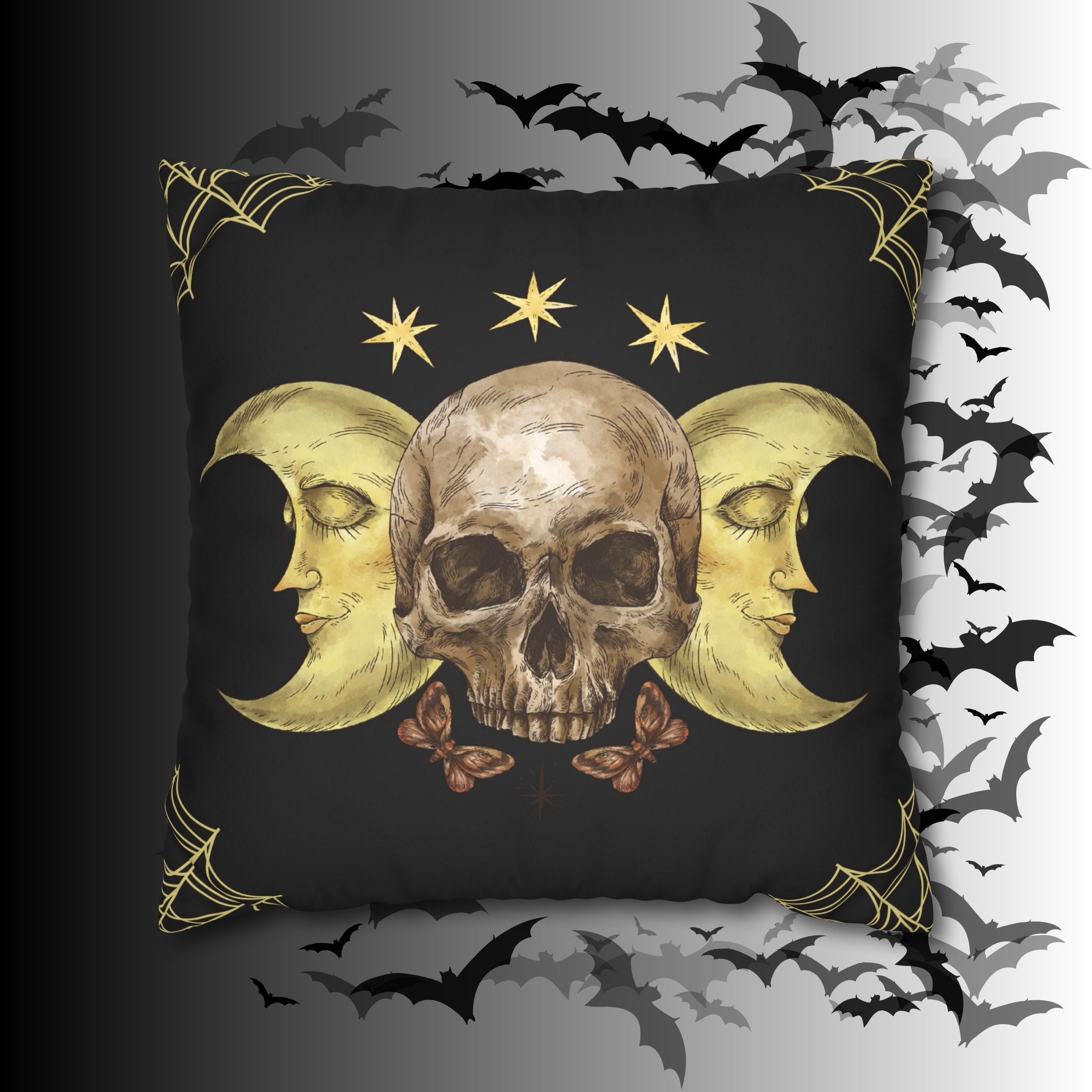 Gothic Moon Skull Throw Pillow — Celestial Dark Home Decor
